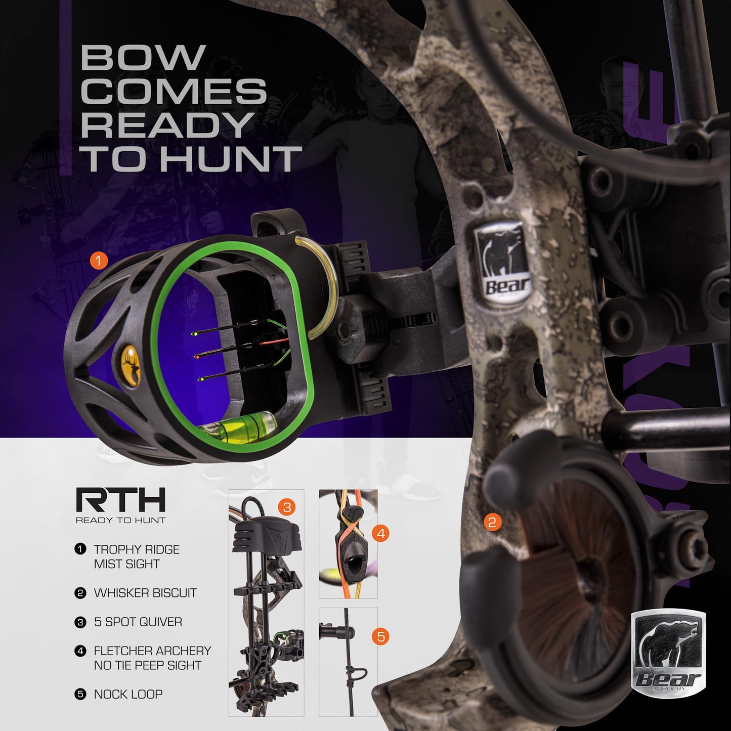 Bear Archery Royale Ready to Hunt Compound Bow Package for Adults and Youth, 12”- 27” Draw Length, 5-50 Lbs Draw Weight, Up to 290 FPS, Limbs Made in USA, Limited Life-Time Warranty