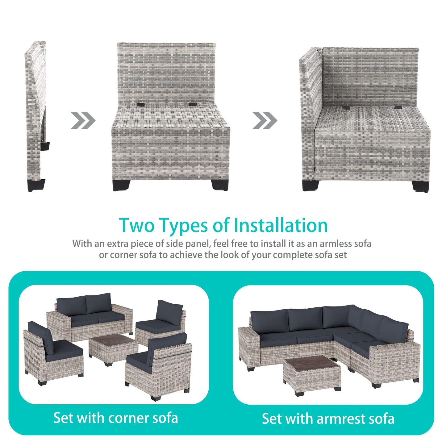 6-Piece Outdoor Patio Furniture Set Wicker Sectional Sofa Set, Patio Conversation Set with Thickened Cushions & Coffee Table for Garden, Backyard, Poolside, Beige