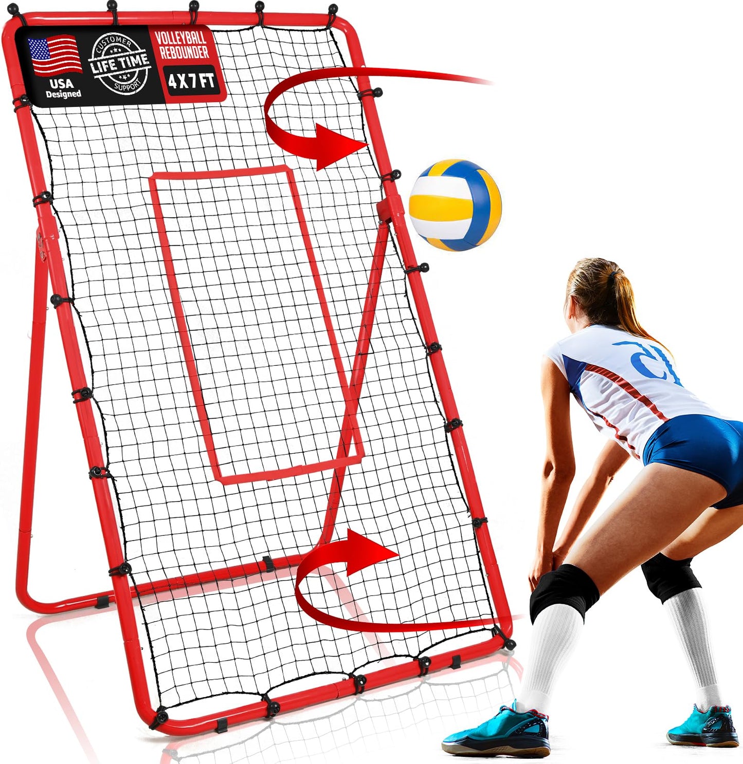 ZEALFEEL Volleyball Rebounder, 6-Angle Adjustable 4x7 FT Volleyball Rebounder Net with Steel Frame & High-Tension PE Netting, Volleyball Bounce Back Net Practice for Setting Spiking Bumping