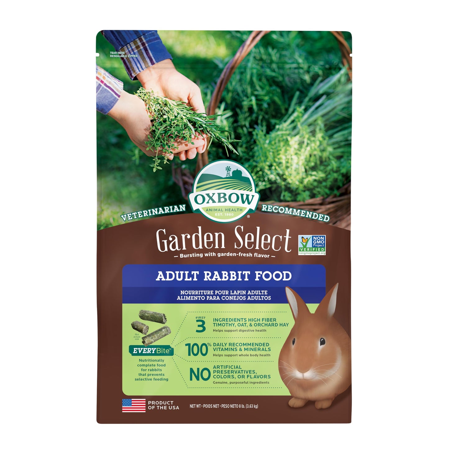 Oxbow Animal Health Garden Select Rabbit Food, Adult Rabbit, Made Timothy Hay, Vitamin & Mineral Rich Pet Food Pellets, Bunny Supplies, Made in USA, High Fiber, 4 lb Bag