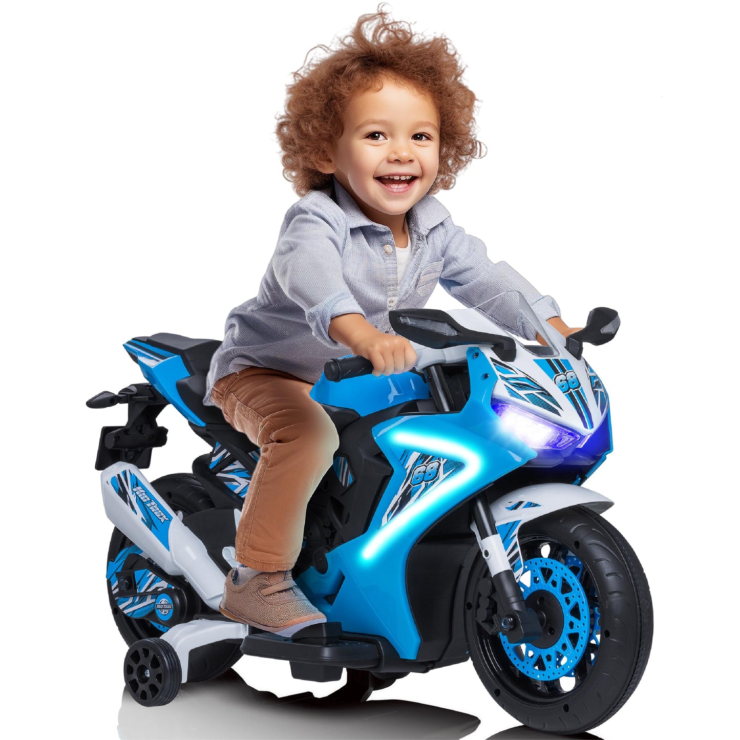 Kid Trax 6V Glow Electric Toddler Kids Motorcycle - Toddler Bike, Indoor/Outdoor Toys, Durable, LED Headlights and Body Light, Realistc Sounds, Kids Ride On Toys, Max Weight 65lbs, Ages 3+, Blue