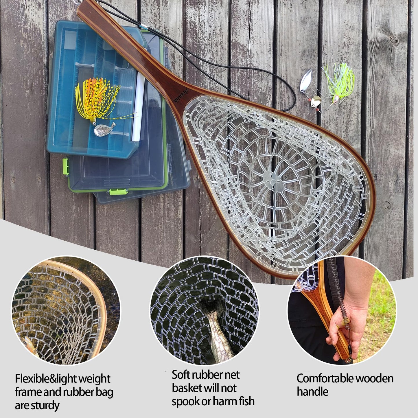 Aventik Wooden Fly Fishing Landing Net with Rubber Ghost Mesh and Magnetic Release - Catch & Release Friendly