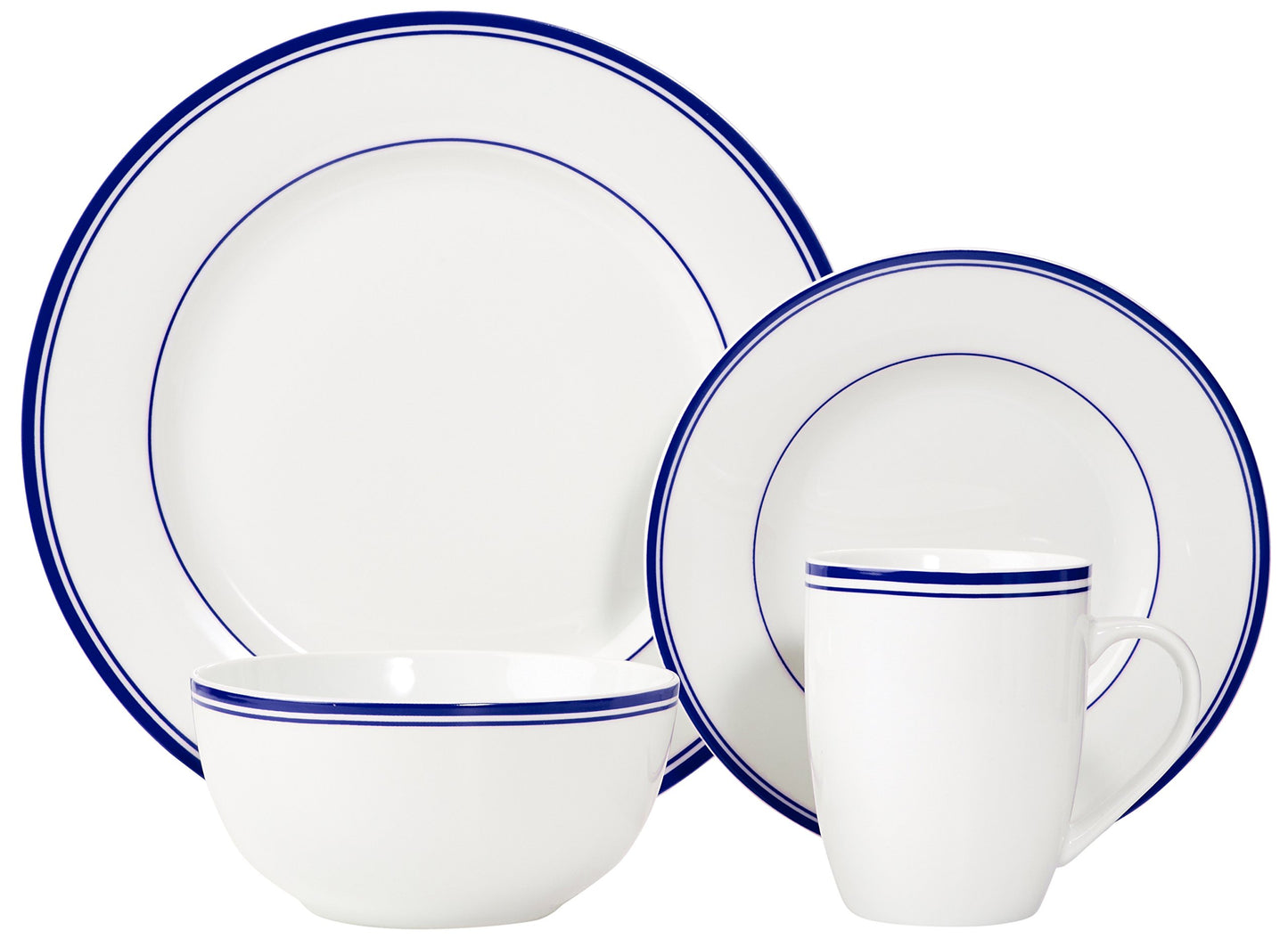 Amazon Basics 16-Piece Cafe Stripe Kitchen Dinnerware Set, Plates, Bowls, Mugs, Service for 4, Blue