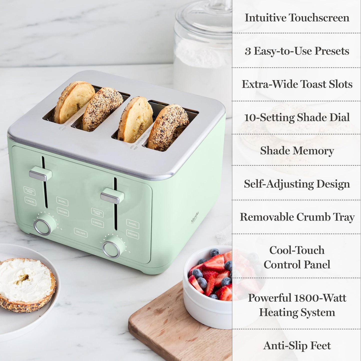 Martha Stewart 4 Slice Toaster, 10 Shade Settings with Defrost, Cancel, Bagel & Gluten-Free, Extra-Wide Self-Centering Slots for Waffles, Artisan Bread, Removable Crumb Tray, Cord Wrap,1800W, Honeydew