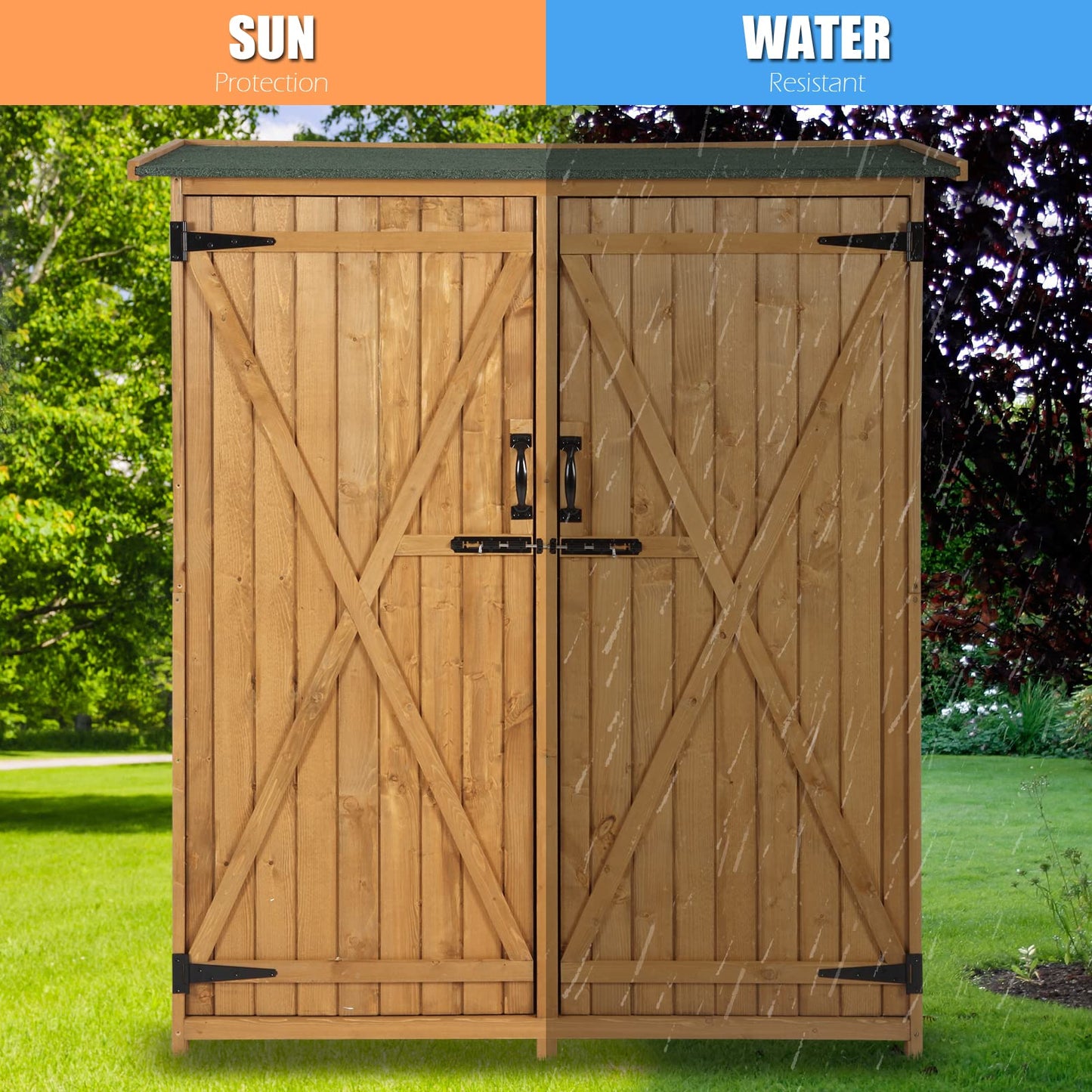 VINGLI Upgraded Outdoor Wooden Storage Shed, Extra Large Garden Shed Outside Tool Cabinet with 2 Safety Latches, Patio Storage Organizer for Garden Yard Lawn Equipment, Teak