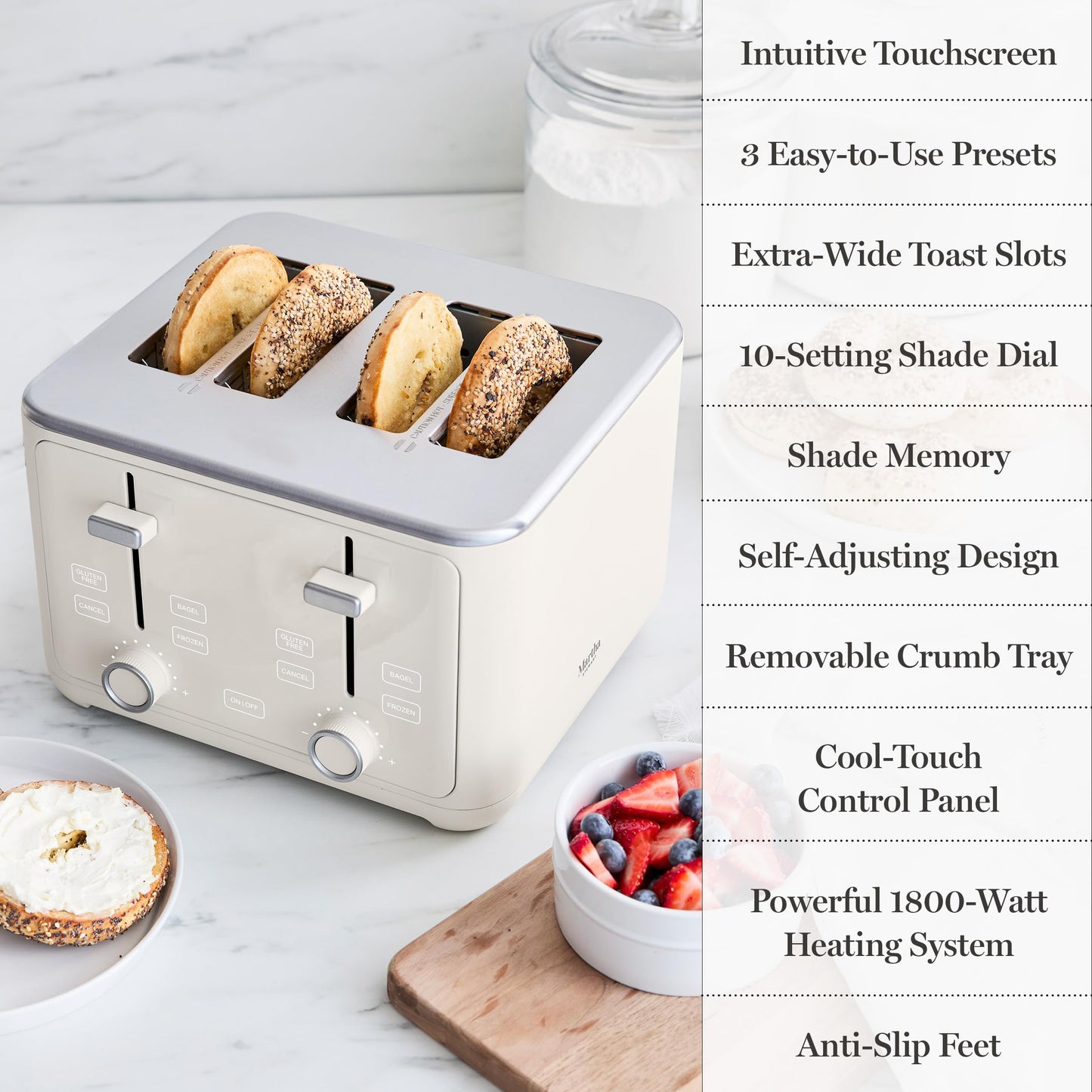 Martha Stewart 4 Slice Toaster, 10 Shade Settings with Defrost, Cancel, Bagel & Gluten-Free, Extra-Wide Self-Centering Slots for Waffles, Artisan Bread, Removable Crumb Tray, Cord Wrap,1800W, Honeydew