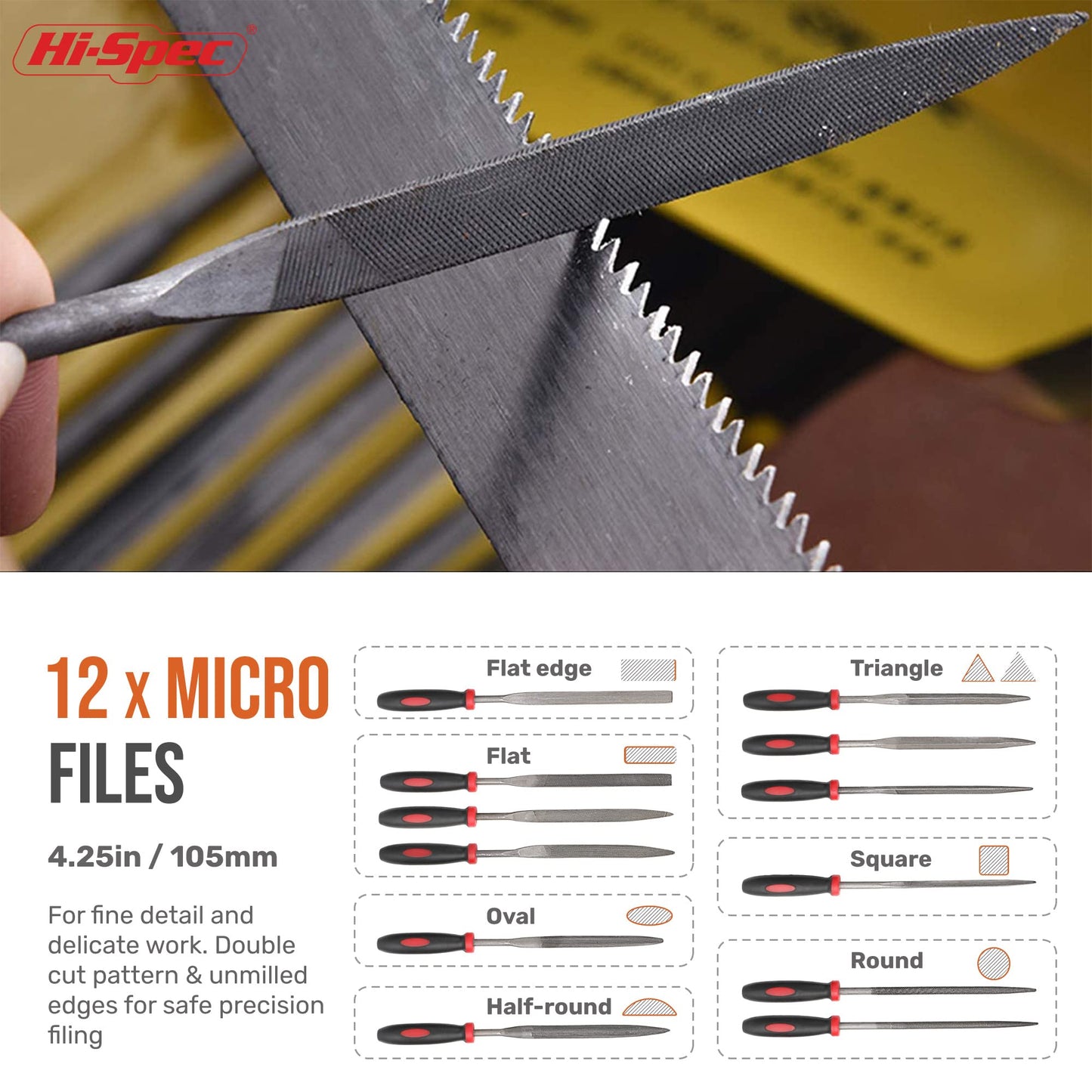 Hi-Spec 17 Piece Metal Hand & Needle File Tool Kit Set. Large & Small Mini T12 Carbon Steel Flat, Half-Round, Round & Triangle Files. Complete in a Zipper Case with a Brush