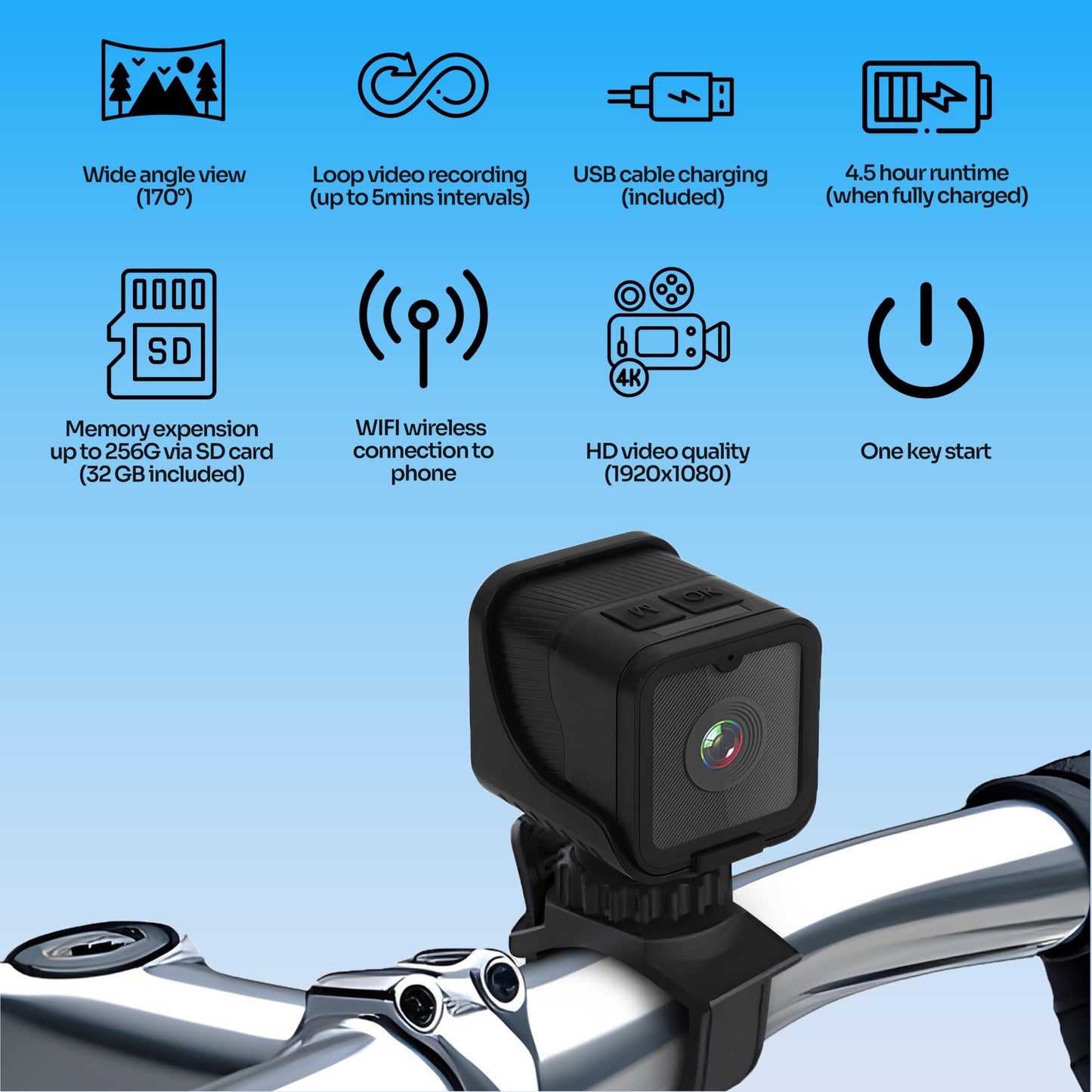 TIROL SUPPLIES Gopro Bike Camera for Handlebar with 170° Wide Angle, 1.2 oz (41g), HD 1080P, Loop & Emergency Recording, Bicycle, Outdoor Sports, USB Rechargeable & Portable Mini Action Cam