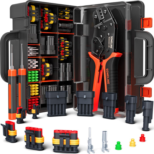 SOMELINE Crimping Tool Kit, Waterproof Automotive Electrical Connectors Electrical Wire Connectors Plug Kit 1/2/3/4/5 Pin Waterproof Connectors with 22-14 AWG Ratchet Crimping Tool and Removal Tools