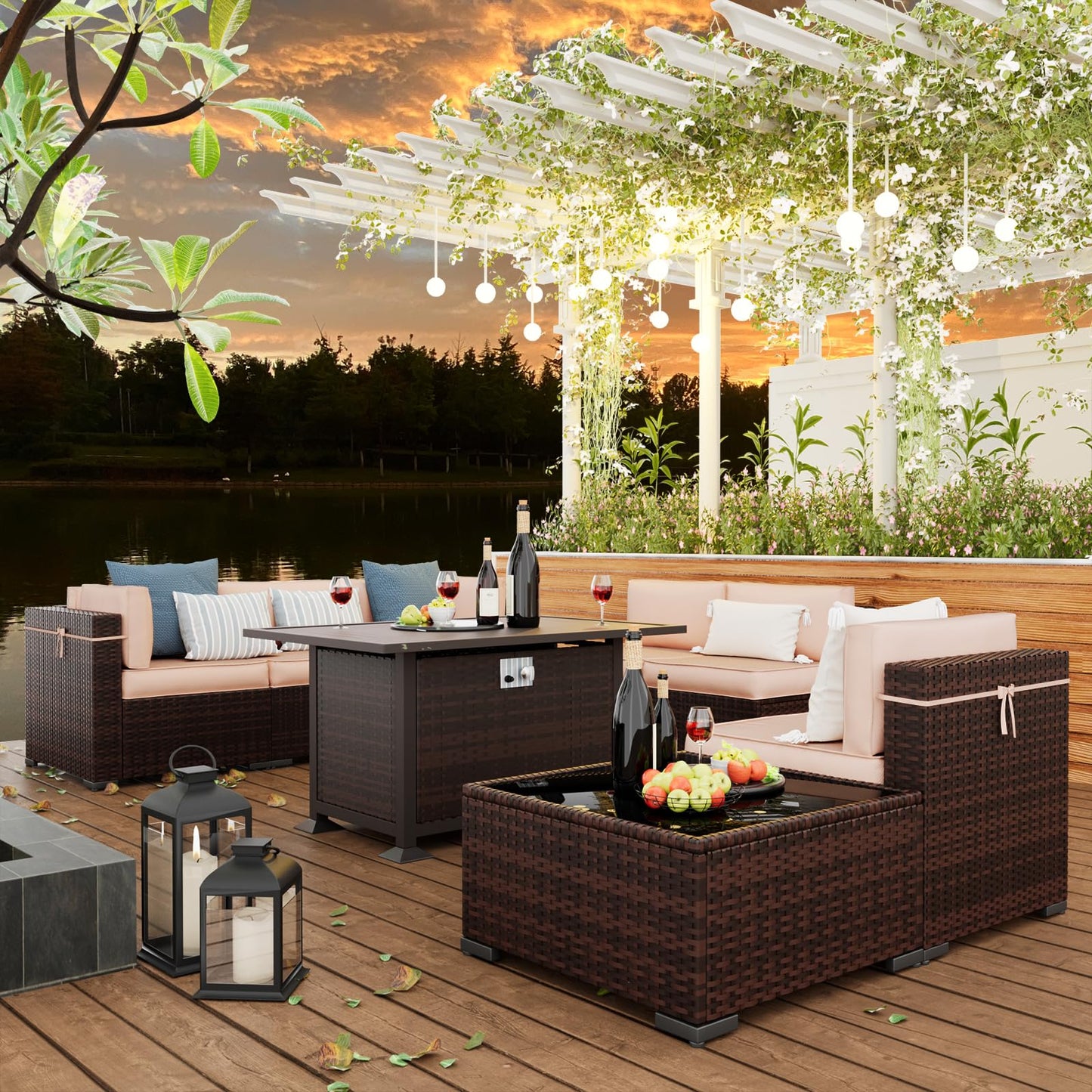Amopatio Patio Furniture Sets, 7 Pieces Outdoor Rattan Sectional Sofa Set with Glass Table and Cushions, Wicker Patio Conversation Set for Outdoor Indoor Backyard Lawn Garden Porch (Grey)