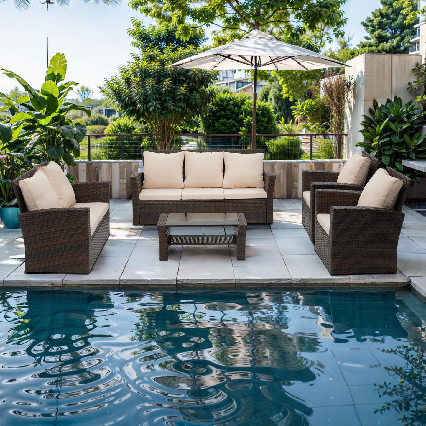 Wisteria Lane 4 Piece Outdoor Patio Furniture Sets, Wicker Conversation Set for Porch Deck, Brown Rattan Sofa Chair with Cushion