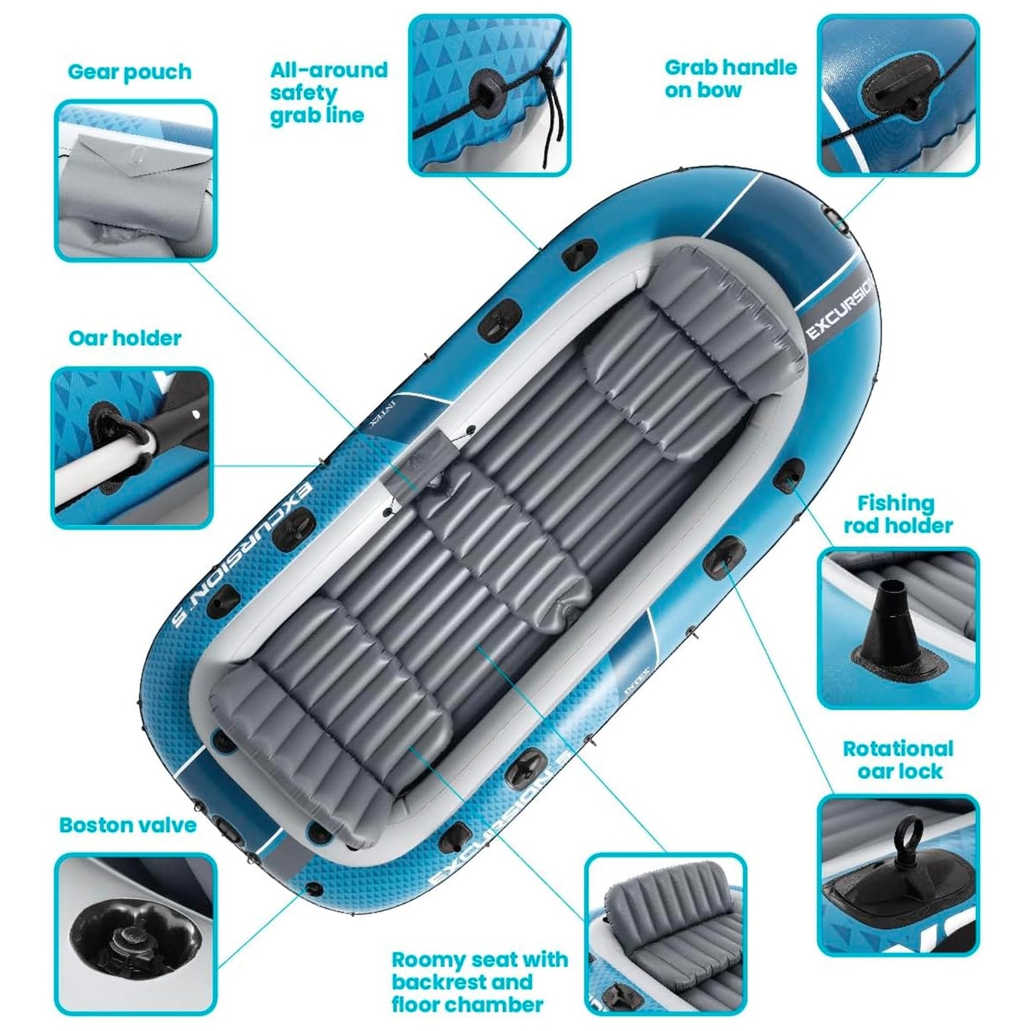 INTEX 66325EP Excursion 5 Inflatable Boat Set: Includes Deluxe 54in Aluminum Oars and High-Output-Pump – Adjustable Seats with Backrest – Fishing Rod Holders – 5-Person – 1320lb Weight Capacity