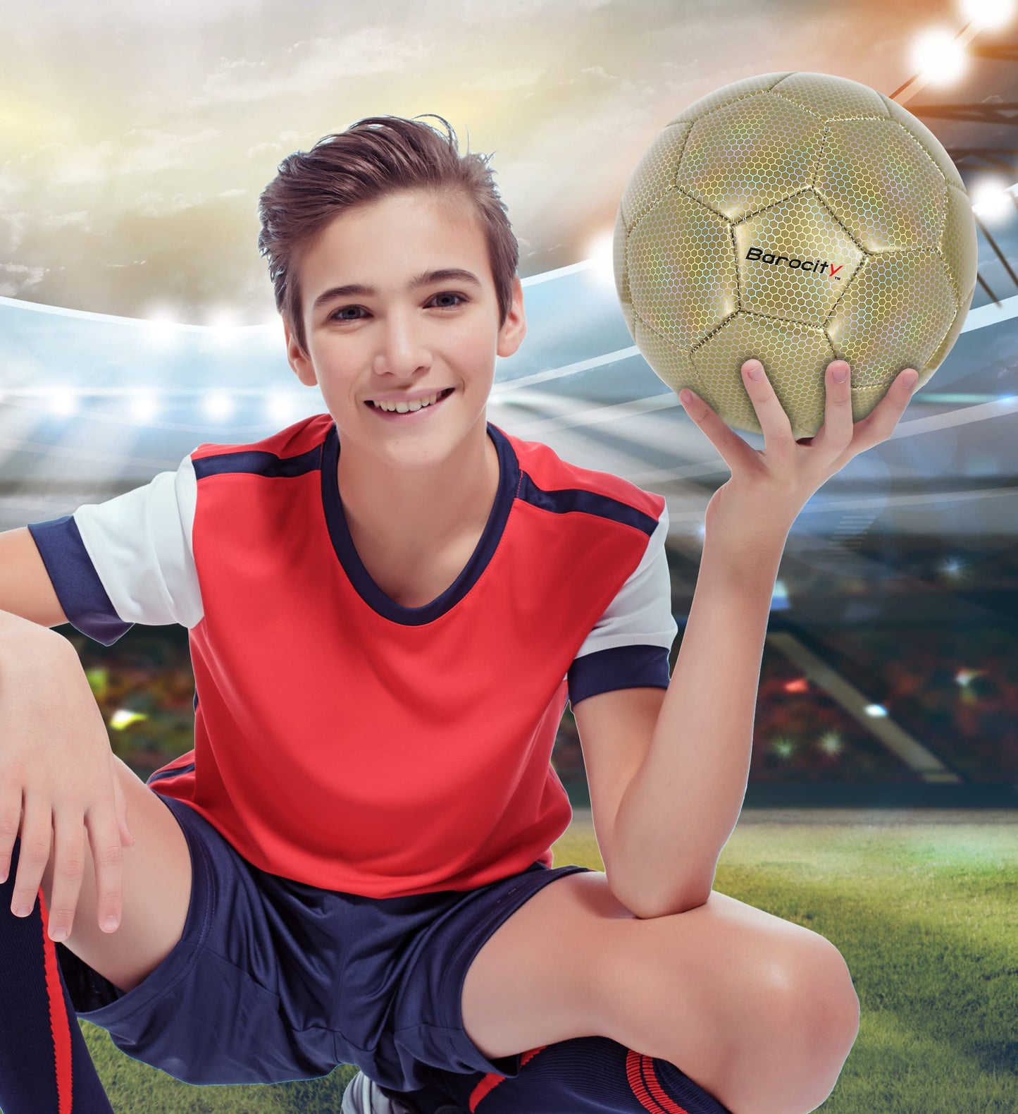 Barocity Classic Gold Size 4 Soccer Ball - Premium Outdoor and Indoor Ball with Reflective Iridescent Rainbow Hex Pattern, Perfect for Boys and Girls Playtime, Practice and Training