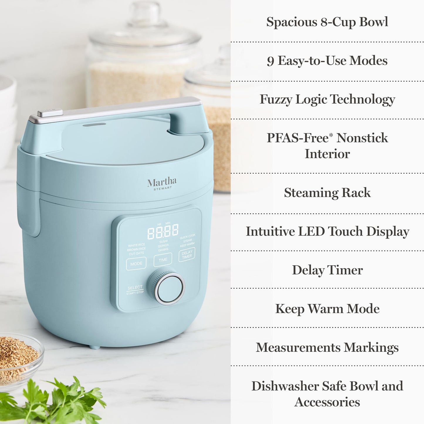 Martha Stewart Rice Cooker, 4 Cup (Uncooked) / 8 Cup (Cooked), Ceramic Non-Stick Removable Pot, Keep Warm, Measure Markings, Steam Basket, Brown & Sushi Rice, Quick Cook, Quinoa, Grains, Oats, Caviar Gray