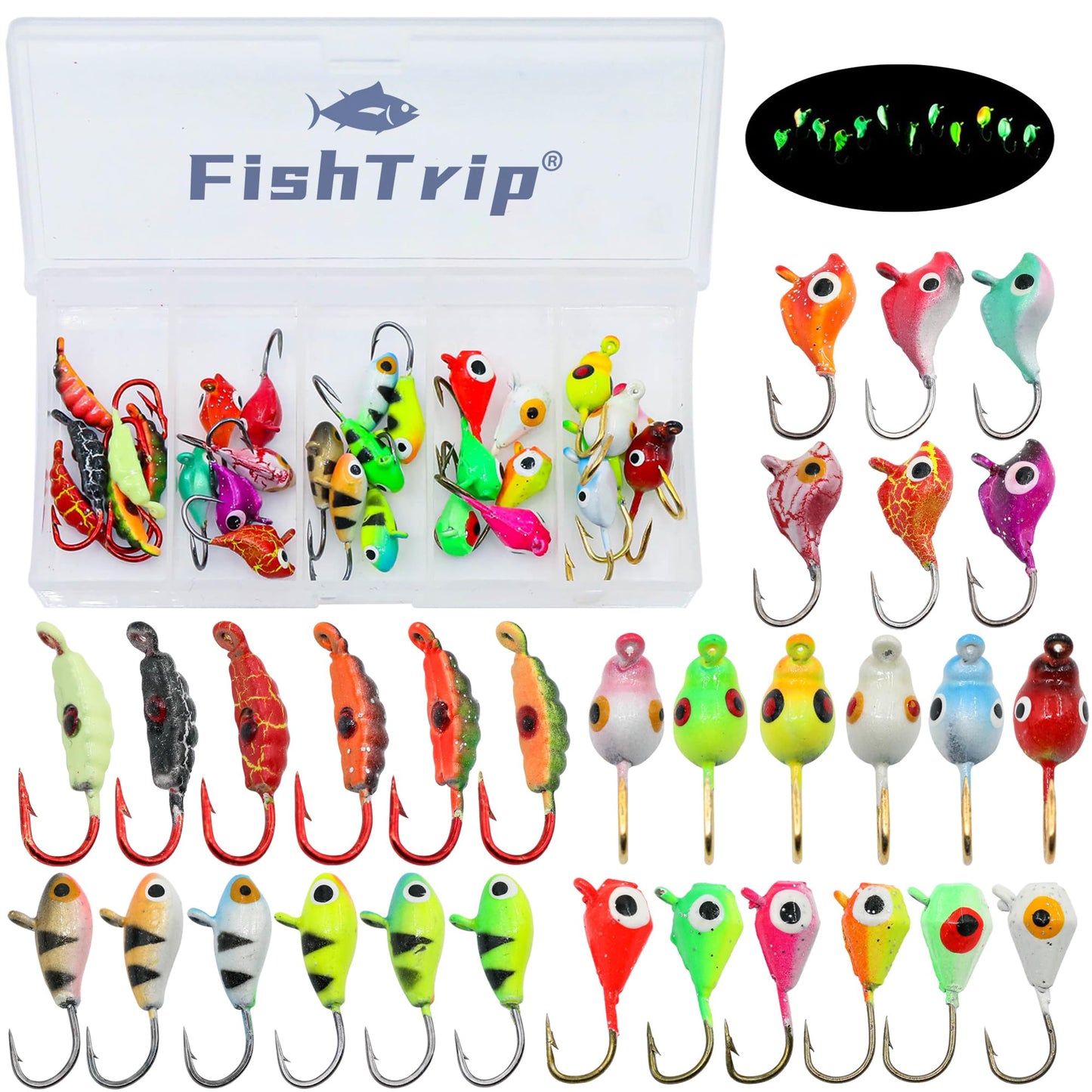 Ice Fishing Jigs Kit, 30/60Pcs Glow Ice Fishing Lure Set for Winter Ice Jigging Crappie Sunfish Perch Panfish Walleye Pike Jigs, Ice Fishing Gear with Storage Box