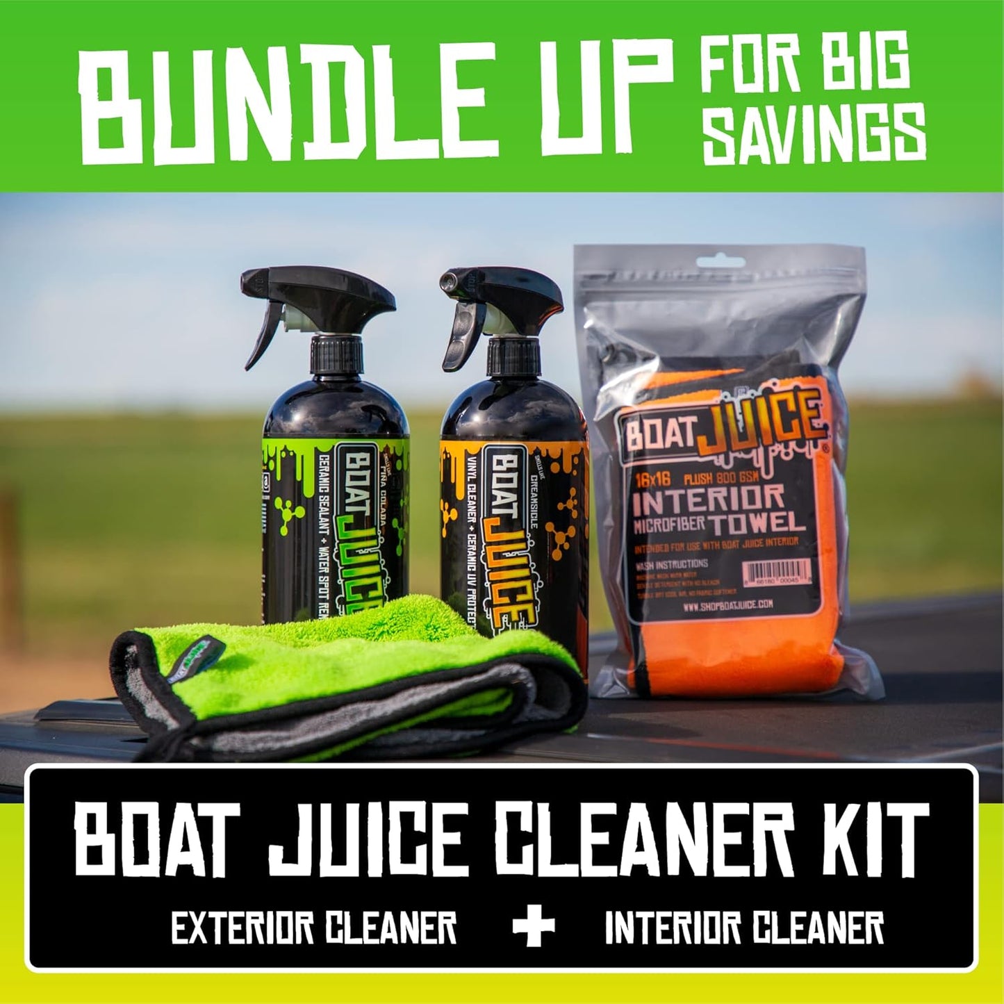 Boat Juice Necessity Boat Cleaner Kit | Exterior Water Spot Remover, Interior Seat & Vinyl Cleaner, 2 Microfiber Towels | Boat Cleaning & Detailing Kit, Marine Accessories | Made in USA (Kit)