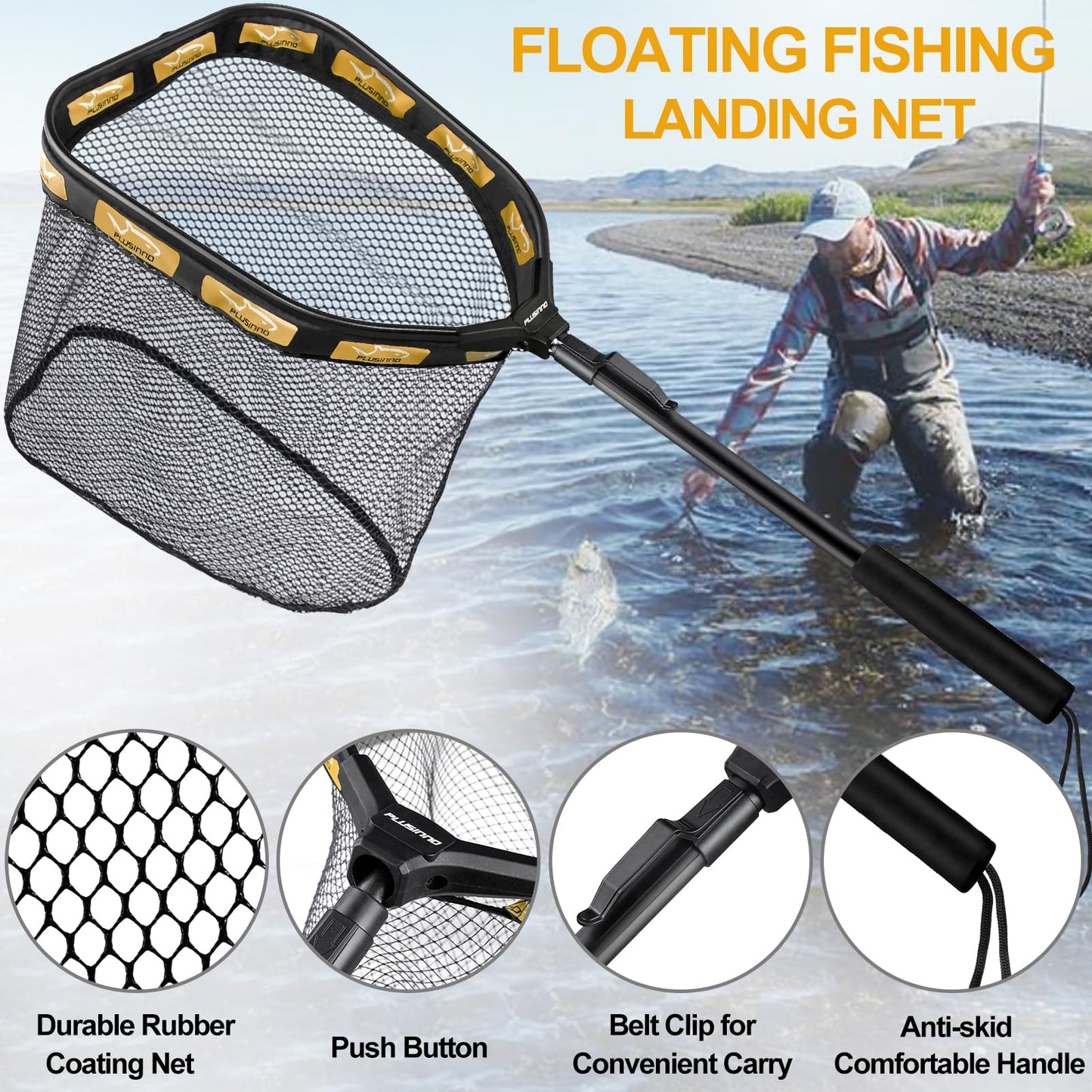 PLUSINNO Floating Fishing Net for Steelhead, Salmon, Fly, Kayak, Catfish, Bass, Trout Fishing, Rubber Coated Landing Net for Easy Catch & Release, Compact & Foldable for Easy Transportation & Storage