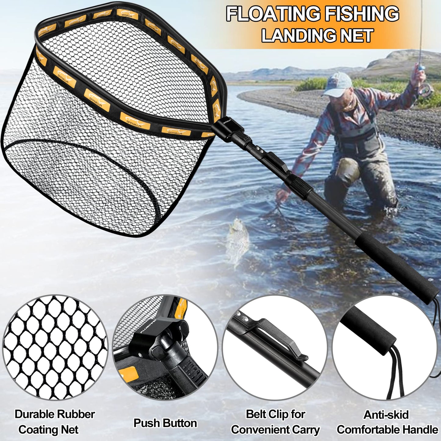 PLUSINNO Floating Fishing Net for Steelhead, Salmon, Fly, Kayak, Catfish, Bass, Trout Fishing, Rubber Coated Landing Net for Easy Catch & Release, Compact & Foldable for Easy Transportation & Storage