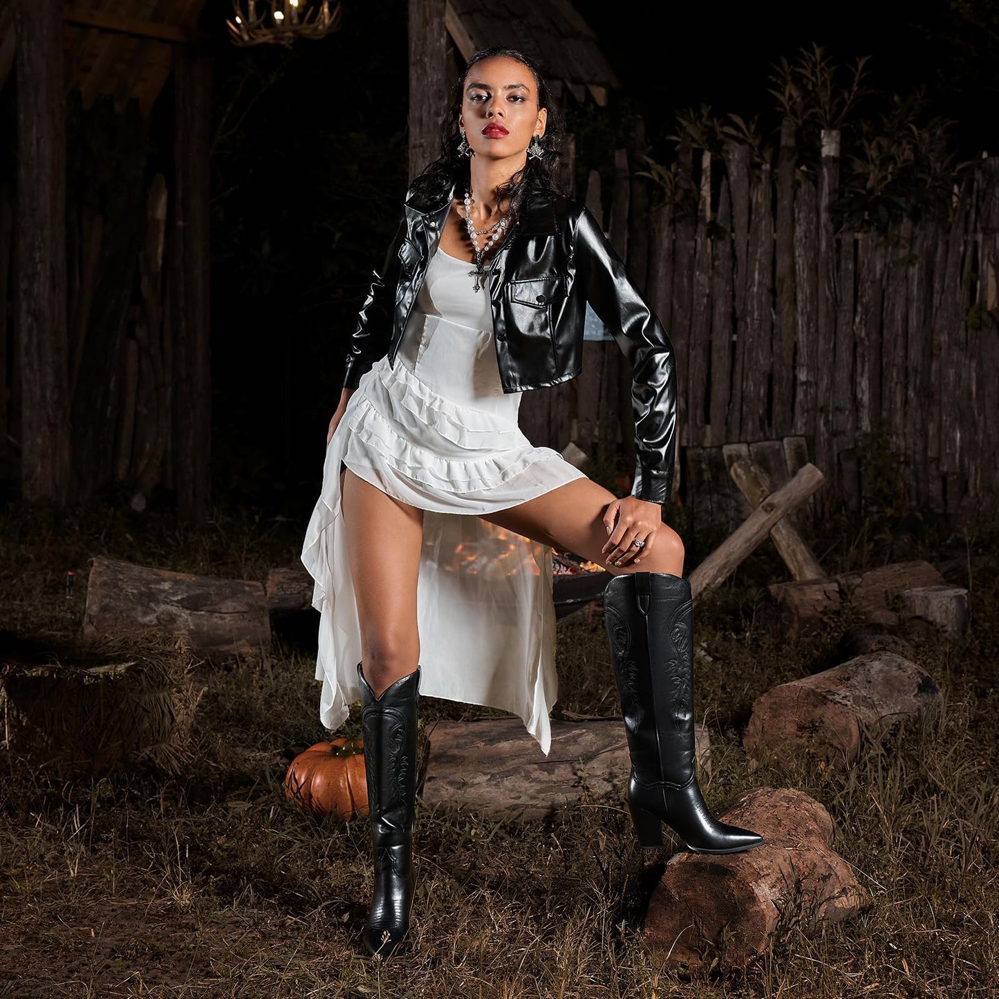 ISNOM Women's Cowgirl Boots Pull On Knee High Boots, Cowboy Western Embroidered Chunky Block Heel Pointed Toes Boots