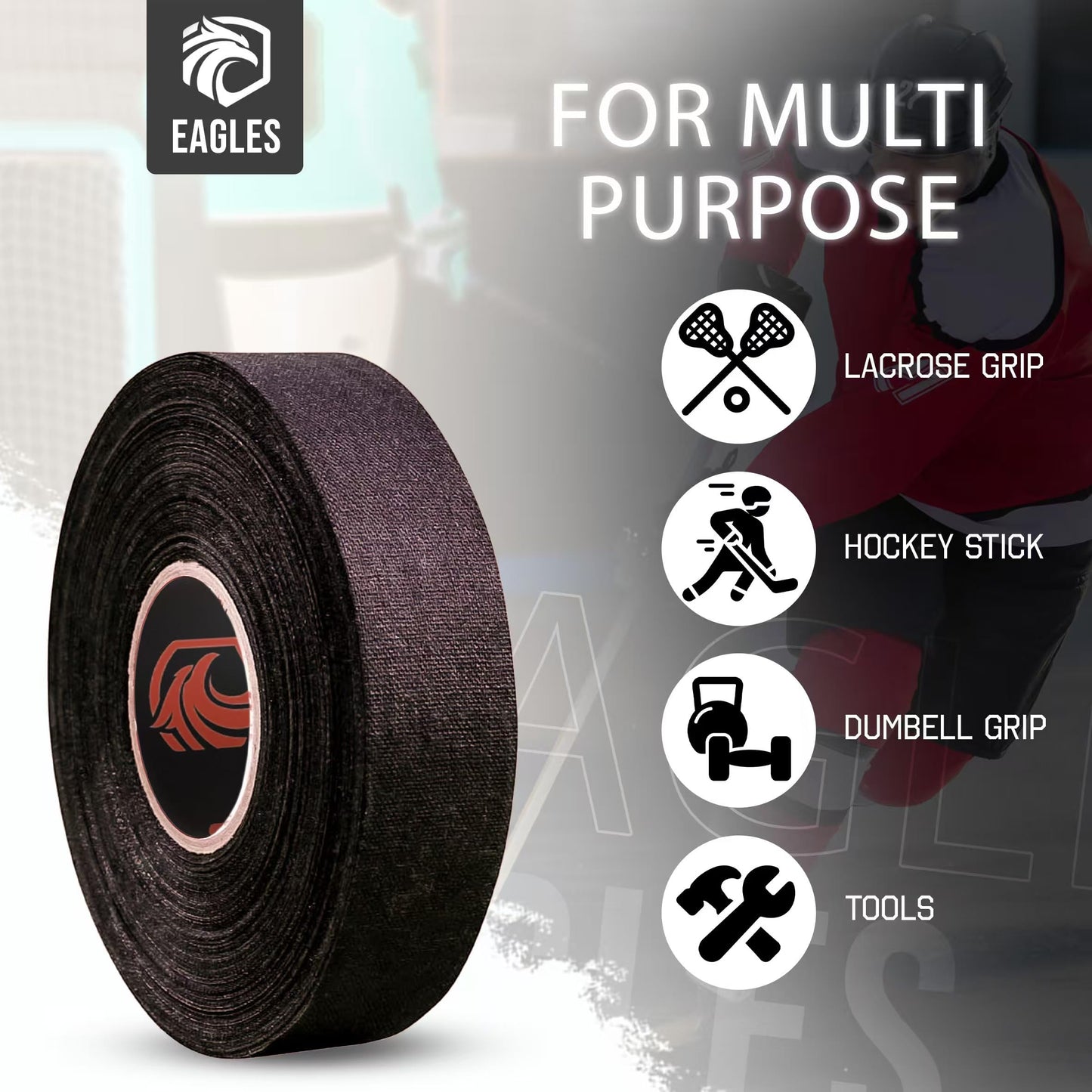 EAGLES Bulk Hockey Tape Black, White or Clear Multipurpose Tape Roll - Strong Adhesive - Durable Cloth or PVC Tape - Hokey Sports Gifts, Accessories, Equipment, Gear (Black)