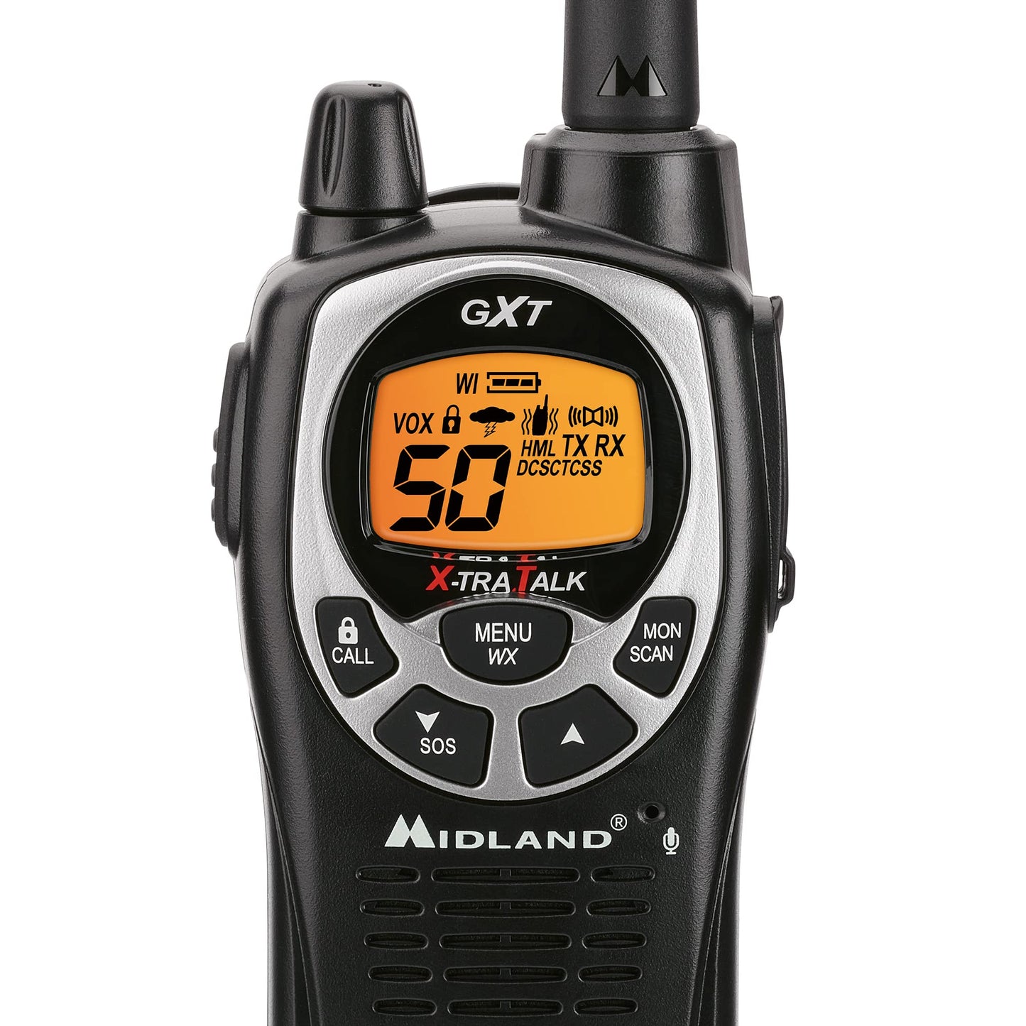 Midland GXT1000VP4 GMRS Two-Way Radio (50 Channel, Long Range, 142 Privacy Codes, SOS, NOAA, Rechargeable Nickel Battery, Black/Silver 2-Pack)