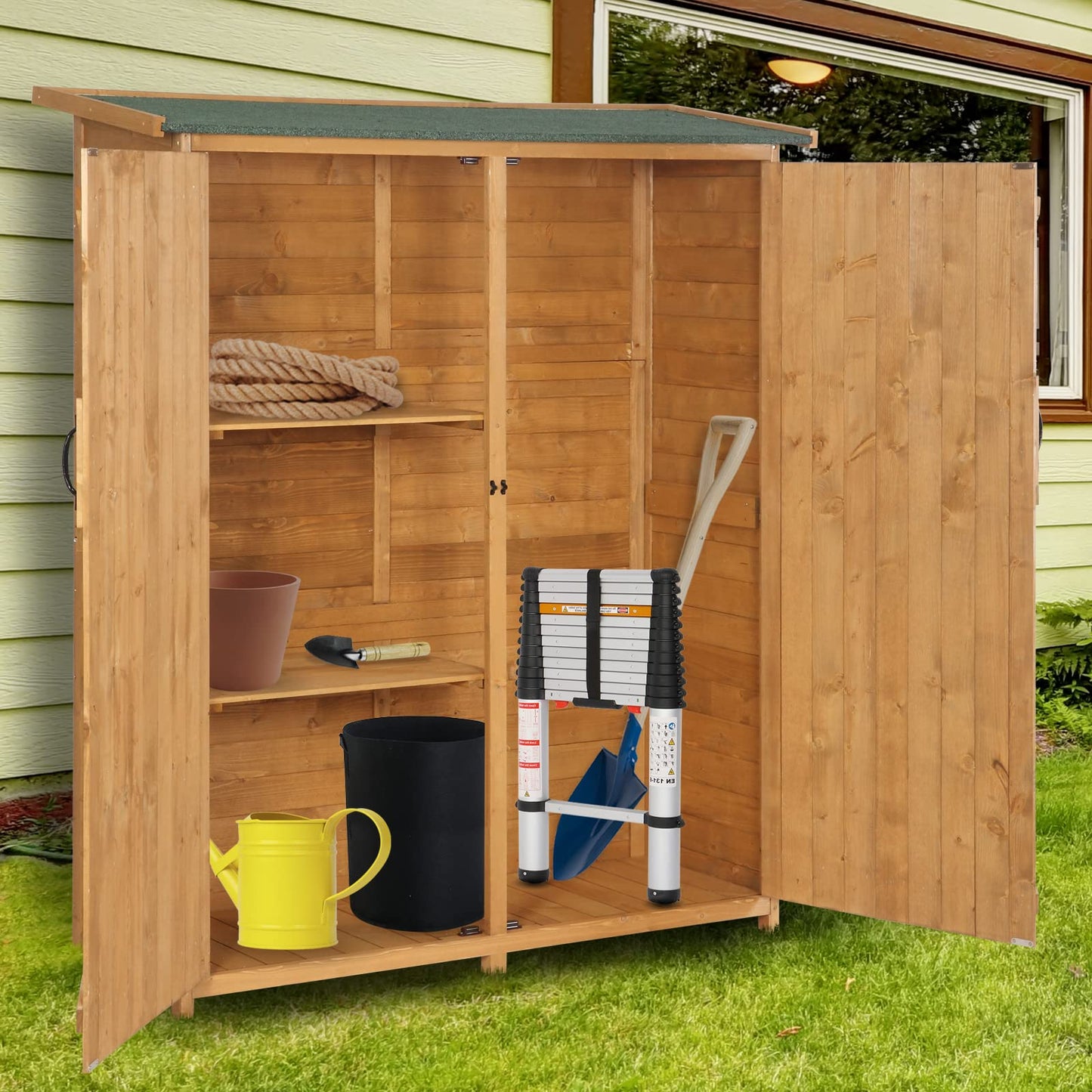 VINGLI Upgraded Outdoor Wooden Storage Shed, Extra Large Garden Shed Outside Tool Cabinet with 2 Safety Latches, Patio Storage Organizer for Garden Yard Lawn Equipment, Teak
