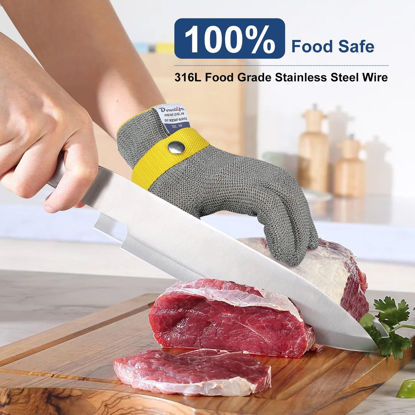 Dowellife Level 9 Cut Resistant Glove - Stainless Steel Mesh Metal Glove for Butcher, Meat Cutting, Oyster Shucking, Kitchen Mandoline, Chef Slicing, Fish Fillet (X-Large)