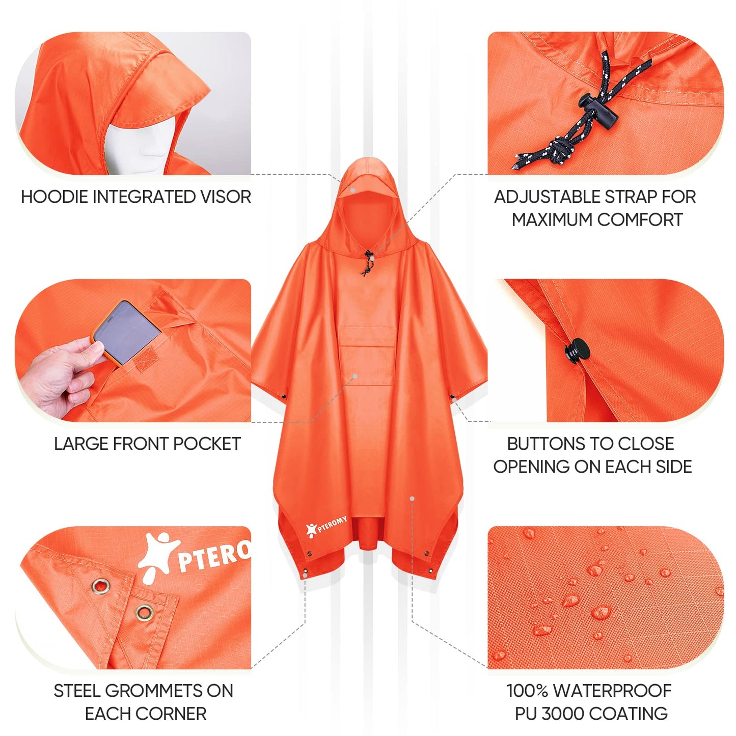 PTEROMY Hooded Rain Poncho for Adult with Pocket, Waterproof Lightweight Unisex Raincoat for Hiking Camping Emergency