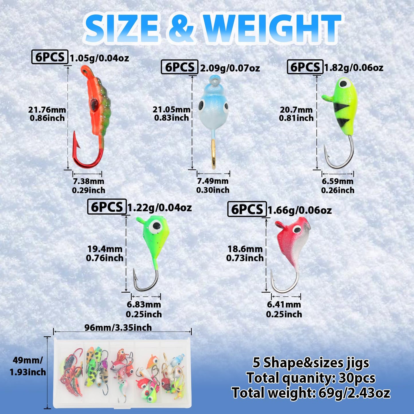 Ice Fishing Jigs Kit, 30/60Pcs Glow Ice Fishing Lure Set for Winter Ice Jigging Crappie Sunfish Perch Panfish Walleye Pike Jigs, Ice Fishing Gear with Storage Box