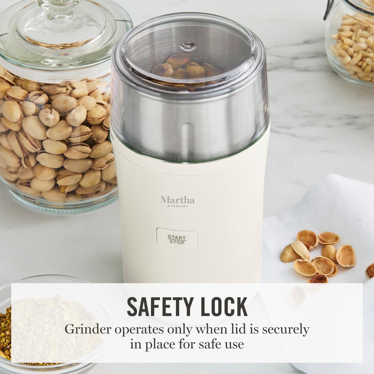 Martha Stewart Electric Coffee & Spice Grinder, Dual 2.5oz Removable Bowls, Storage Lids, Stainless Steel Blades, One Touch Pulse Control, 2-in-1 Compact, Beans & Spices, Herbs & Nuts, Sky Blue
