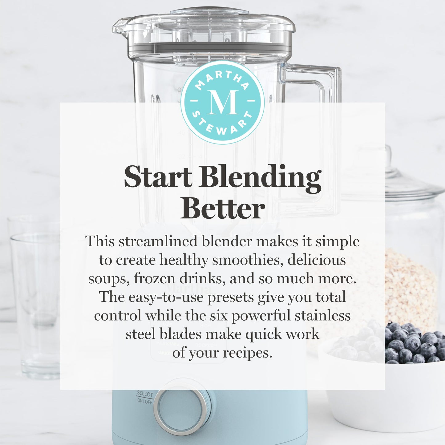 Martha Stewart 50oz Countertop Blender, Smoothie, Margarita & Ice Crushing Blender, BPA-Free Pitcher, 3 Speeds, 5 Presets, Auto-Clean Function, Dishwasher Safe, Stainless Steel Blades, Sky Blue
