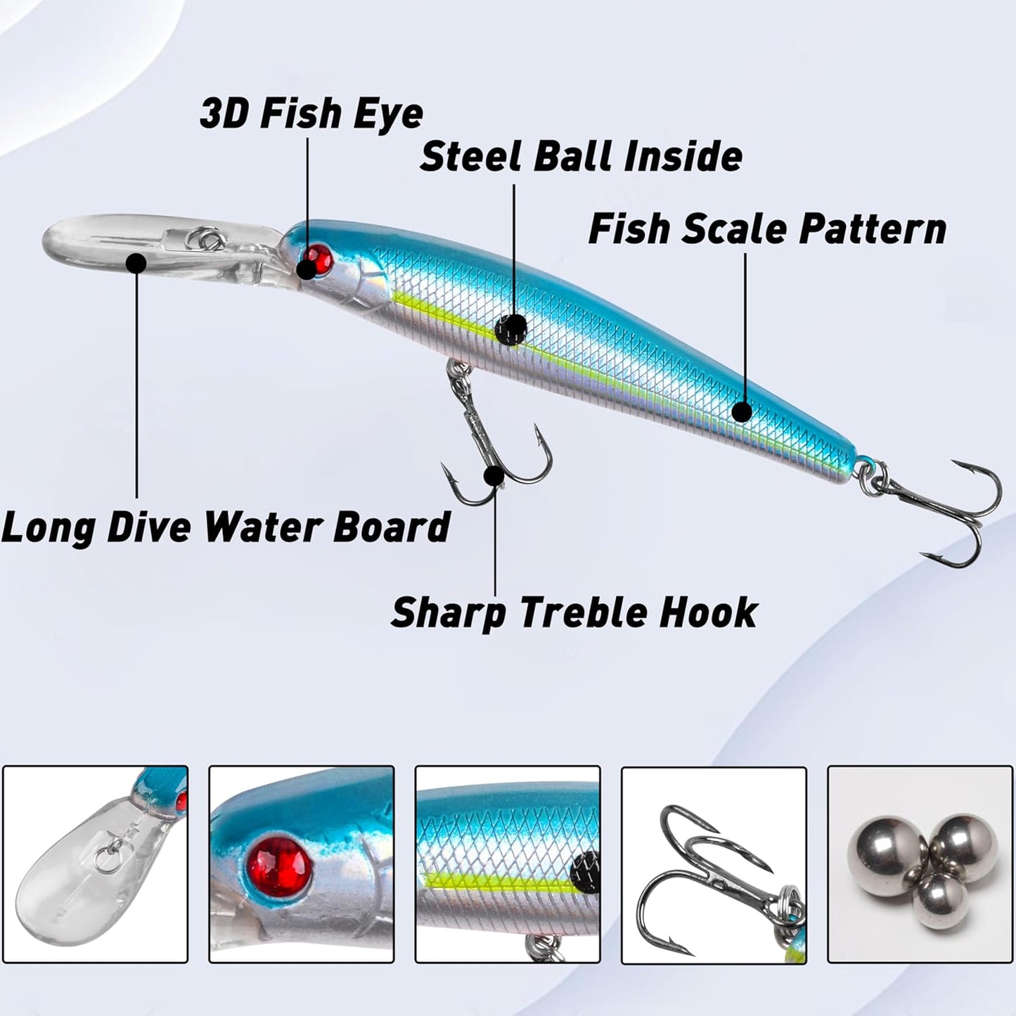 Fishing Lures Hard Baits Bass Crankbait Minnow Lures, 10pcs Deep Diving Swimbait with Strong Treble Hook 3D Lifelike Eyes Walleye Lures Fishing Lures for Bass Trout Walleye Catfish Redfish Pikes