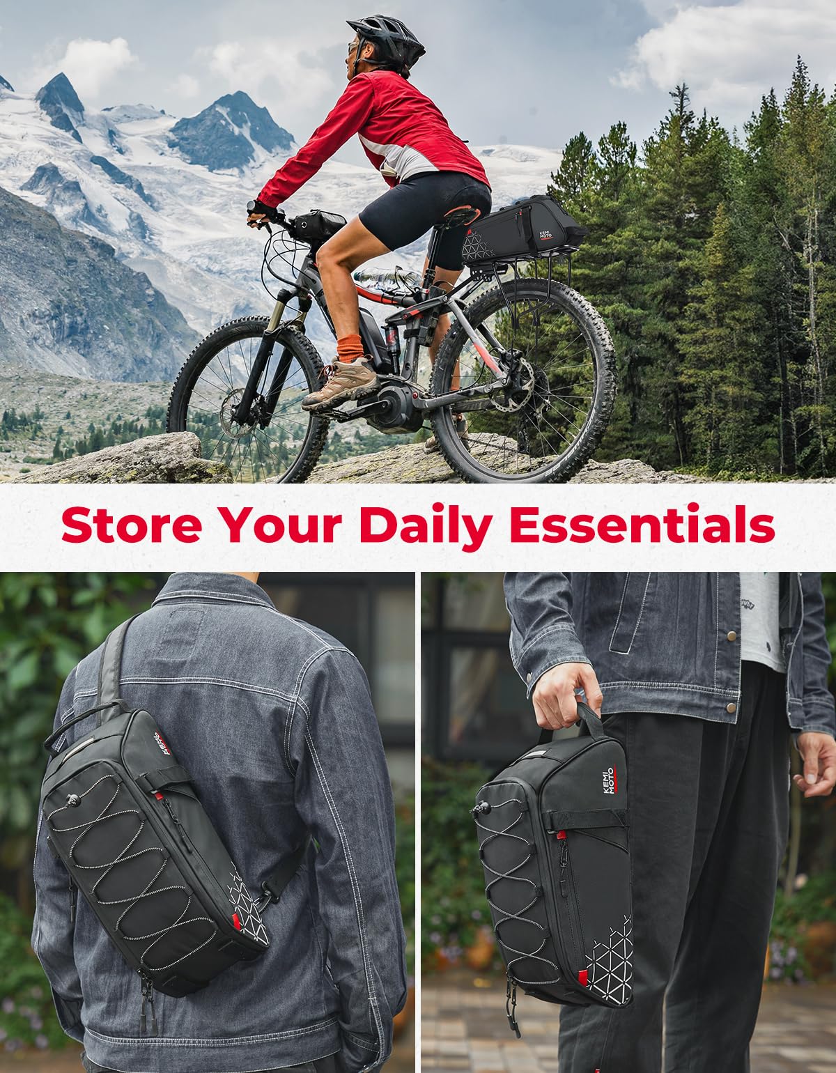 KEMIMOTO Rear Bike Rack Bag - 8L PVC Water Resistant Ebike Bags for Bicycle Rear Rack, Bicycle Trunk Pannier for Commuter Travel Shopping and Cycling (Black)