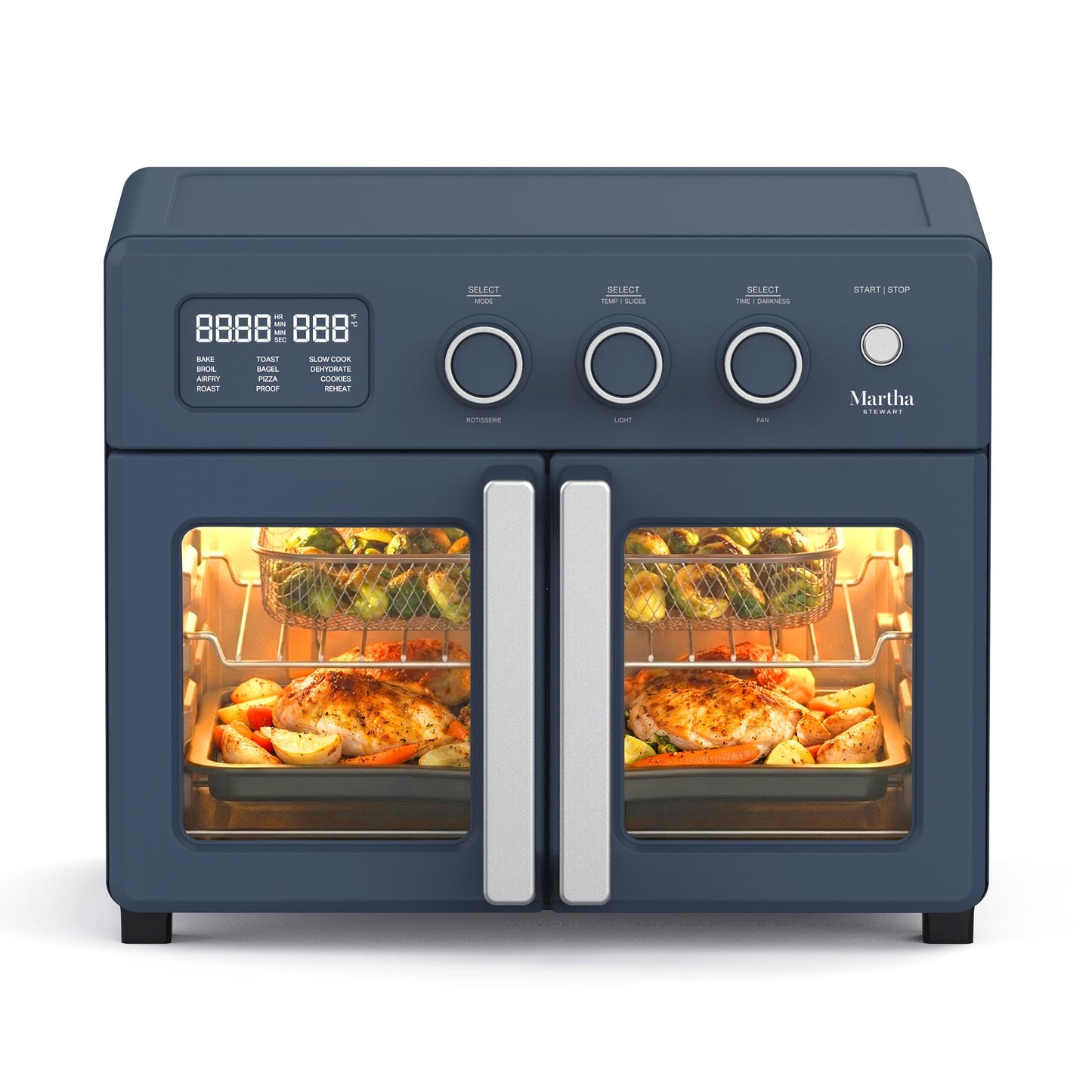 Martha Stewart French Door Air Fryer Toaster Oven Combo, 34QT Countertop Convection, 12-in-1, Bake, Broil, Roast, Fits 12” Pizza, Dehydrate, 5 Accessories, Air Fry Basket, Stainless Steel, Caviar Gray