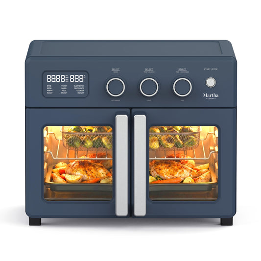 Martha Stewart French Door Air Fryer Toaster Oven Combo, 34QT Countertop Convection, 12-in-1, Bake, Broil, Roast, Fits 12” Pizza, Dehydrate, 5 Accessories, Air Fry Basket, Stainless Steel, Caviar Gray
