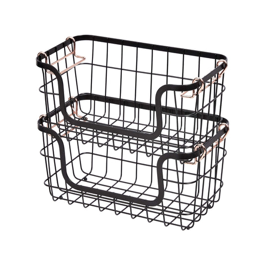 Amazon Basics Stackable Metal Wire Rectangular Storage Baskets for Kitchen, Bathroom or Pantry Organizing, 2 Count, Black