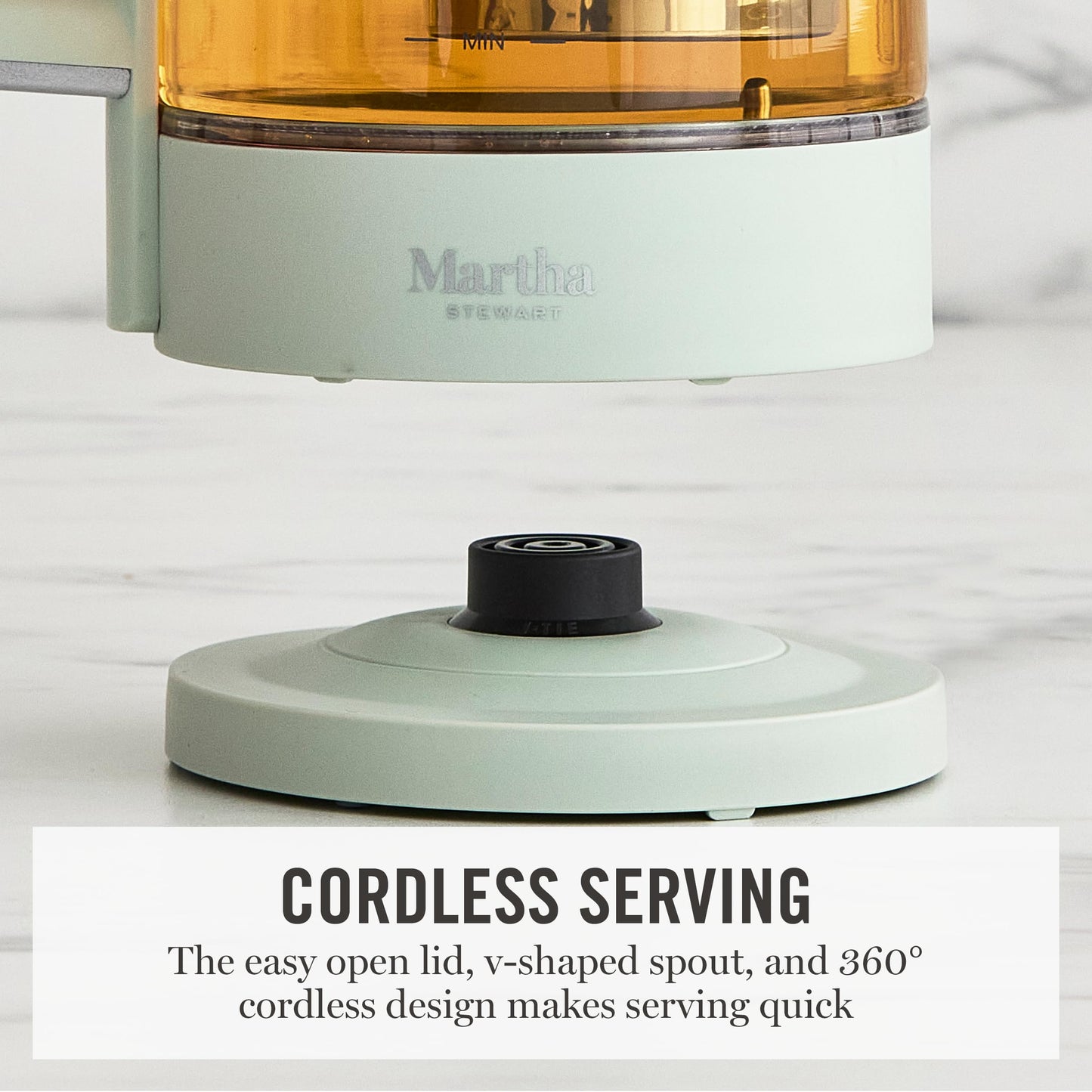 Martha Stewart Electric Kettle with Removable Stainless Steel Tea Infuser,  Glass Carafe 1.7L (7 Cups), Hot Water Boiler, 4 Presets, Keep Warm & Auto Shut-Off, Cordless 360° Swivel Base, Sky Blue