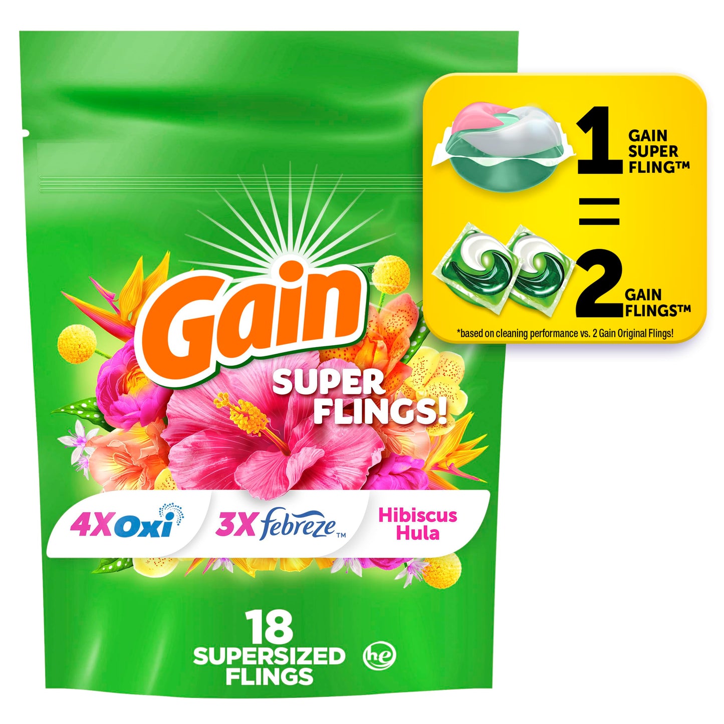 Gain Super Sized Flings Laundry Detergent Pacs with Hibiscus Hula Scent, Powerful Cleaning for Lasting Freshness, HE Compatible, 45 Count, Gain Laundry Detergent Pods