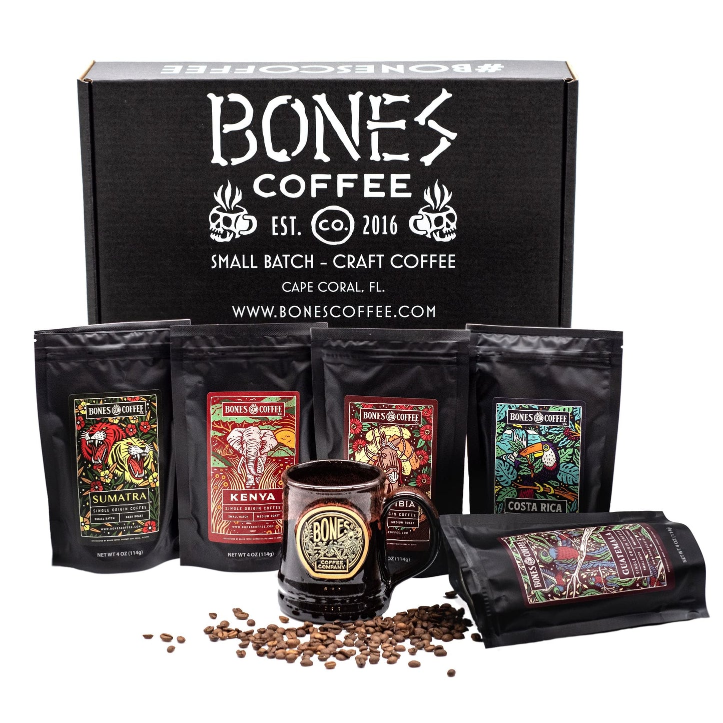 Bones Coffee Company World Tour Coffee Gift Set, 5 Packs Flavored Coffee, Medium Roast Low Acid, 4 Oz Ground