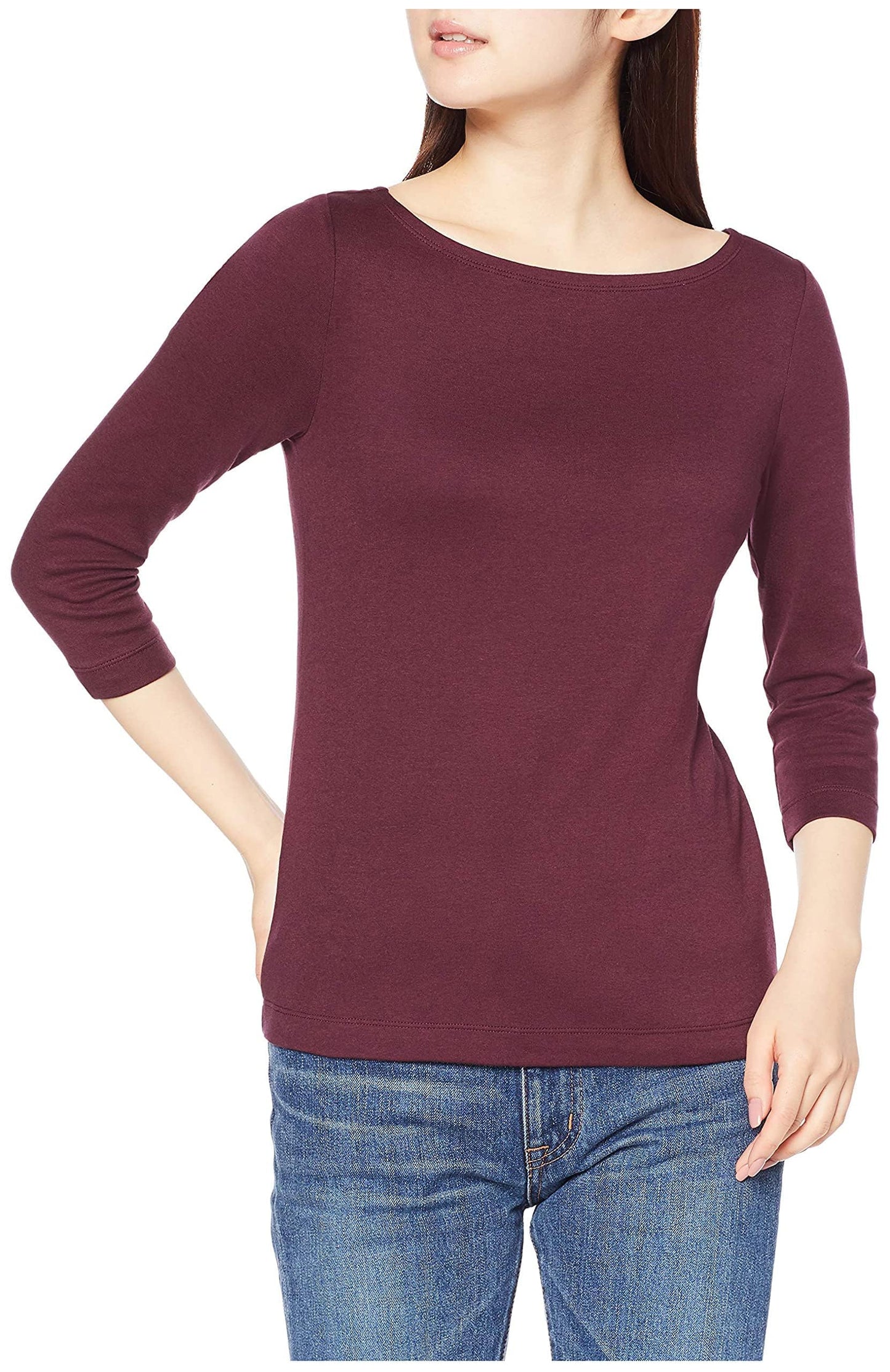 Amazon Essentials Women's Slim-Fit 3/4 Sleeve Boat Neck Cotton Modal Micro Rib T-Shirt