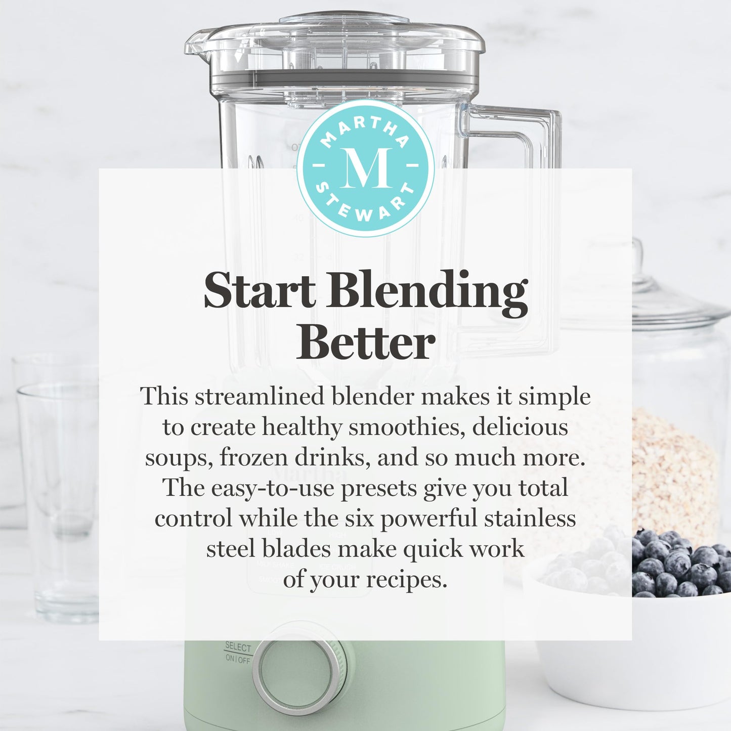 Martha Stewart 50oz Countertop Blender, Smoothie, Margarita & Ice Crushing Blender, BPA-Free Pitcher, 3 Speeds, 5 Presets, Auto-Clean Function, Dishwasher Safe, Stainless Steel Blades, Sky Blue