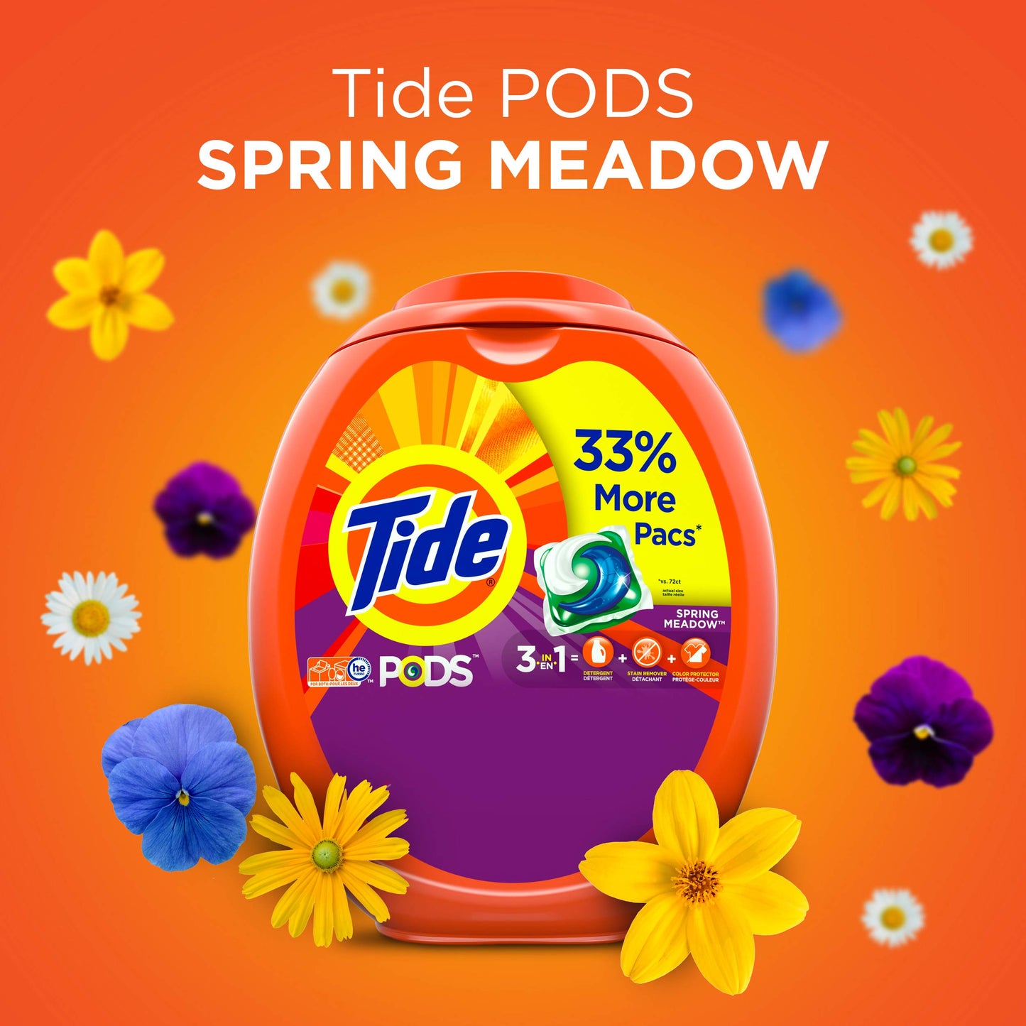 Tide PODS Liquid Laundry Detergent Soap Pacs, HE Compatible, Powerful 3-in-1 Clean in one Step, Built in Stain Removers, Spring Meadow Scent, 76 Count