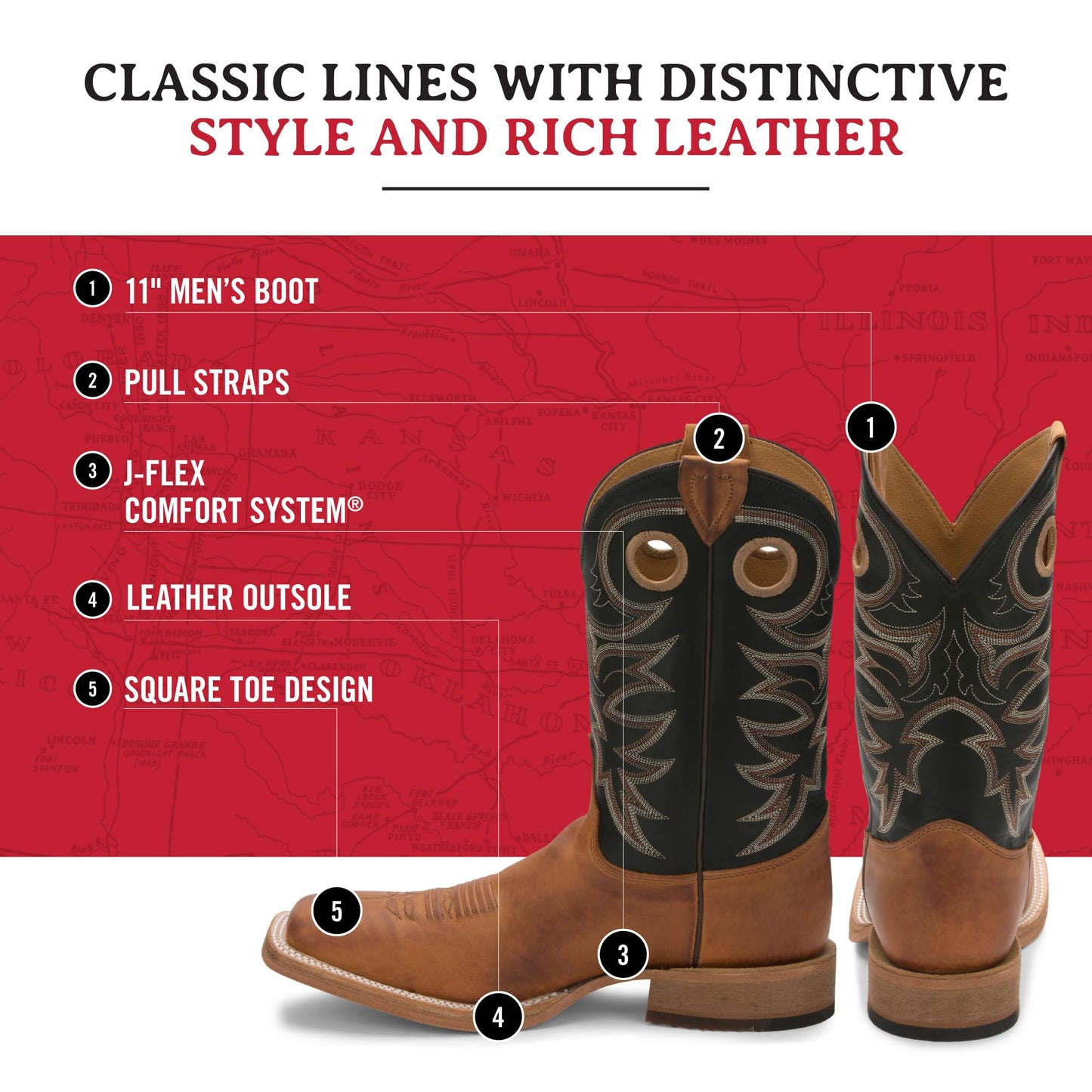 Justin Caddo 11" Western Boots for Men - Durable Premium Full-Grain Leather Square Toe Cowboy Boots Built with Full Double-Stitch Welt Construction