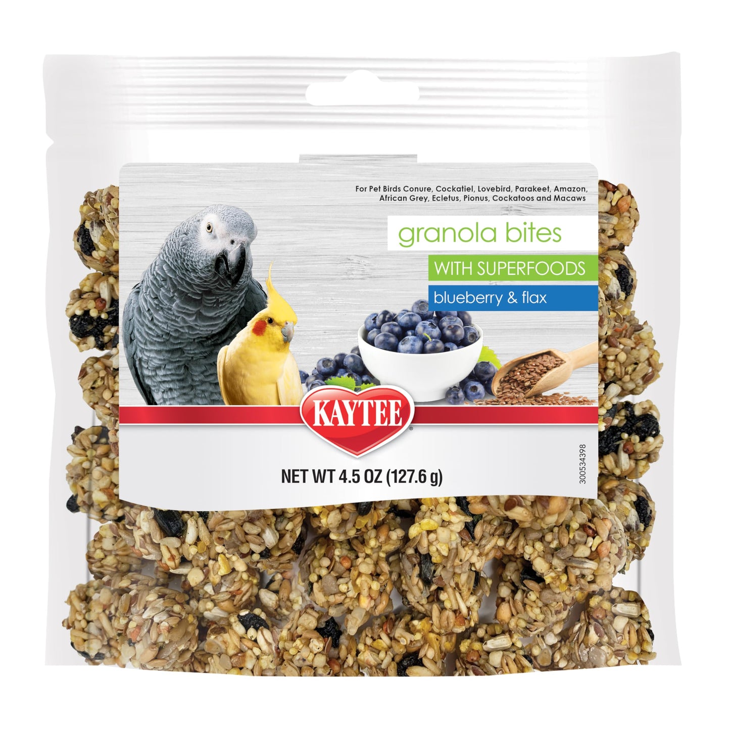 Kaytee Granola Bites with Super Foods Spinach and Kale for Pet Birds, Conure, Cockatiel, Lovebird, Parakeet, Amazon, African Grey, Ecletus, Pionus, Cockatoos and Macaws, 4.50 Ounce (Pack of 1)