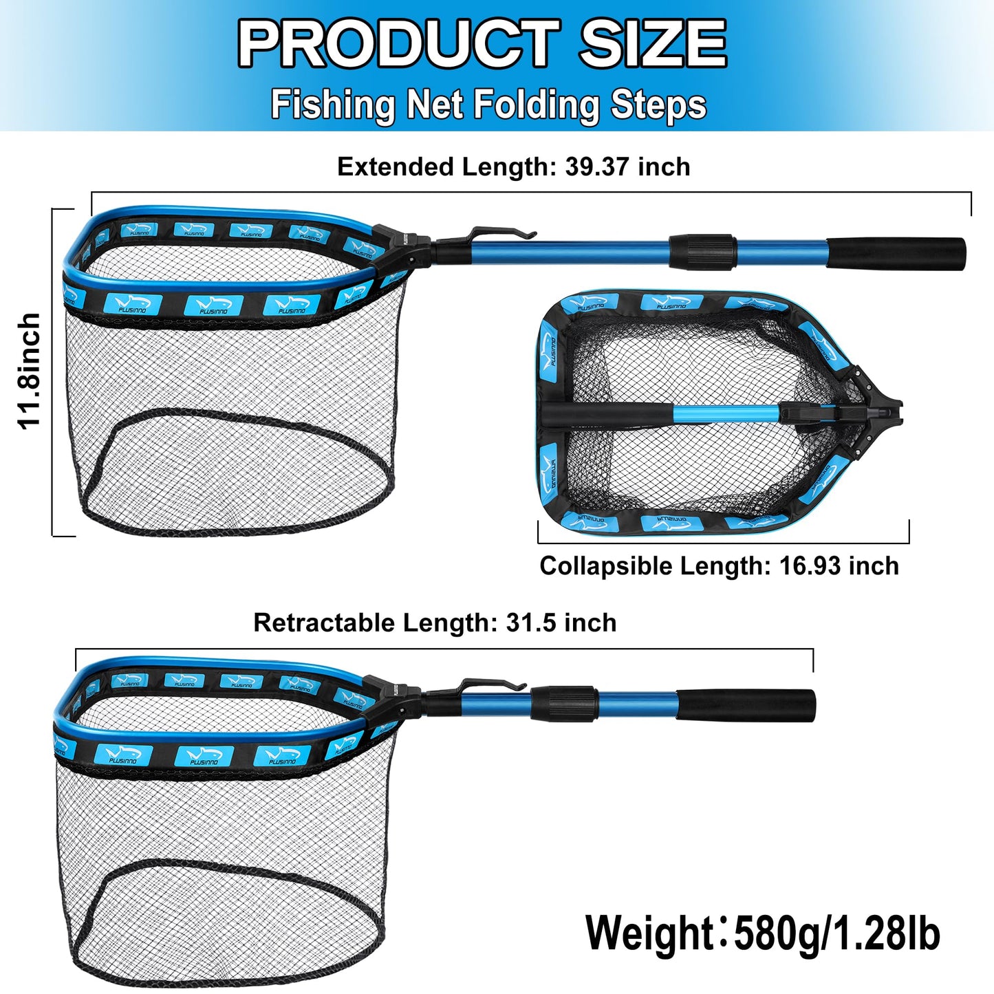 PLUSINNO Floating Fishing Net for Steelhead, Salmon, Fly, Kayak, Catfish, Bass, Trout Fishing, Rubber Coated Landing Net for Easy Catch & Release, Compact & Foldable for Easy Transportation & Storage