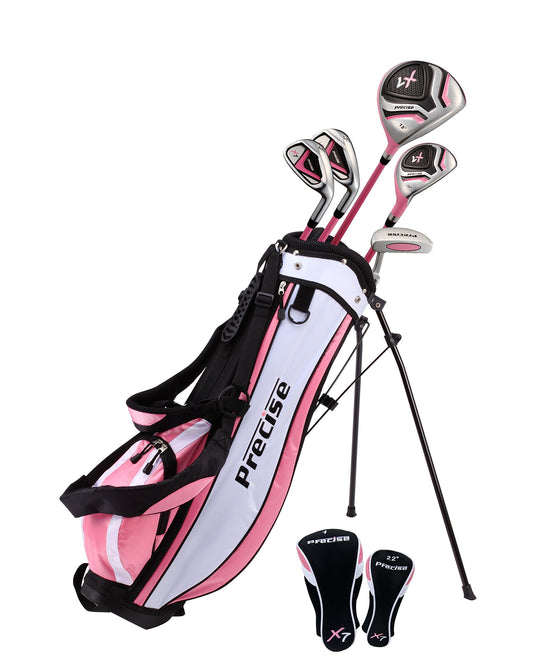 Distinctive Girls Pink Junior Golf Club Set for Age 9 to 12 ( Height 4'4" to 5' ), Left Handed Only, Set Includes: Driver, Hybrid Wood, 2 Irons, Putter, Bonus Stand Bag & 2 Headcovers