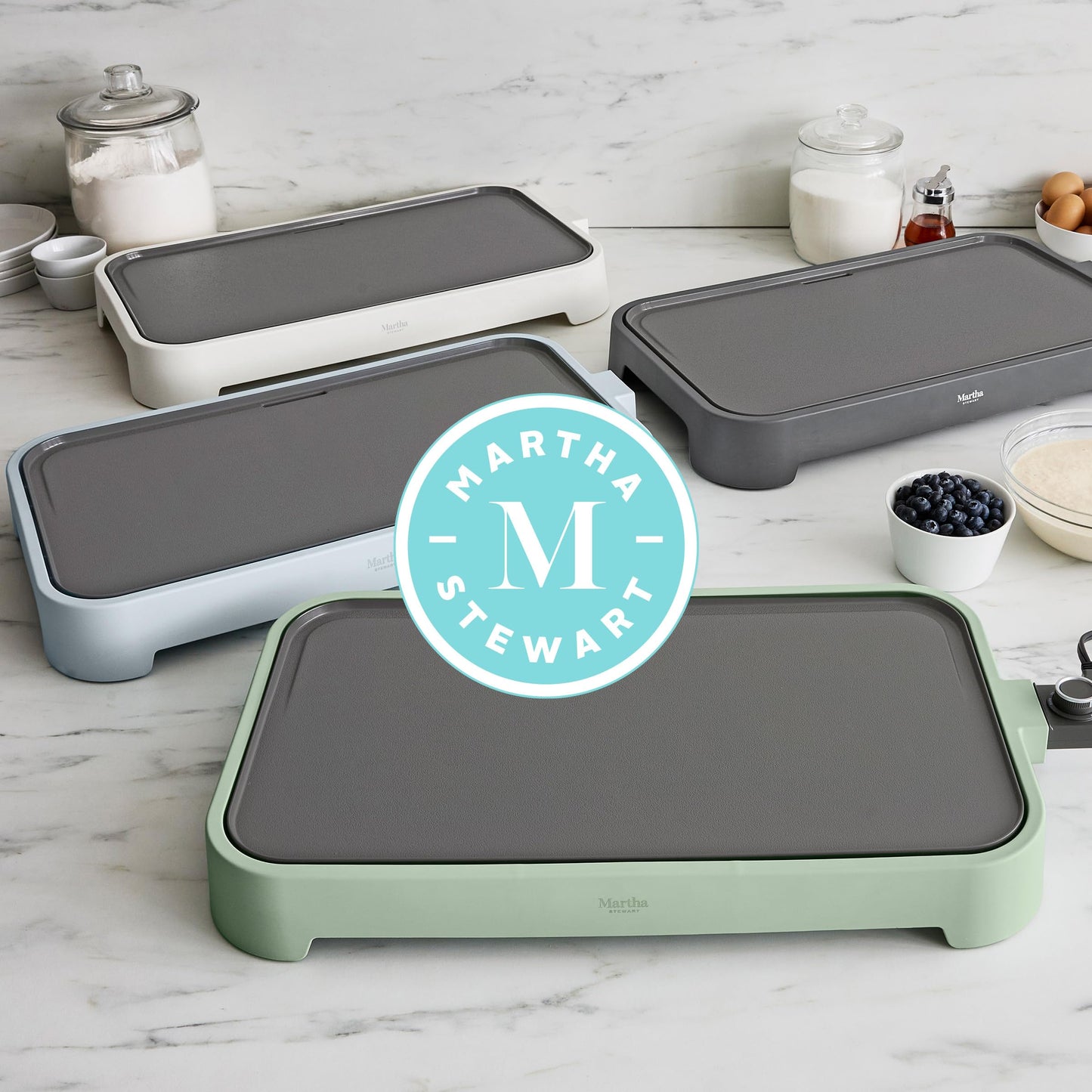 Martha Stewart 12” x 22” Electric Griddle, XL Ceramic Nonstick Flat Top Cooking Surface, Adjustable Temperature Dial, Drip Tray, Dishwasher Safe, 1500W Fast Even Heating, Pancakes & Eggs, Linen White