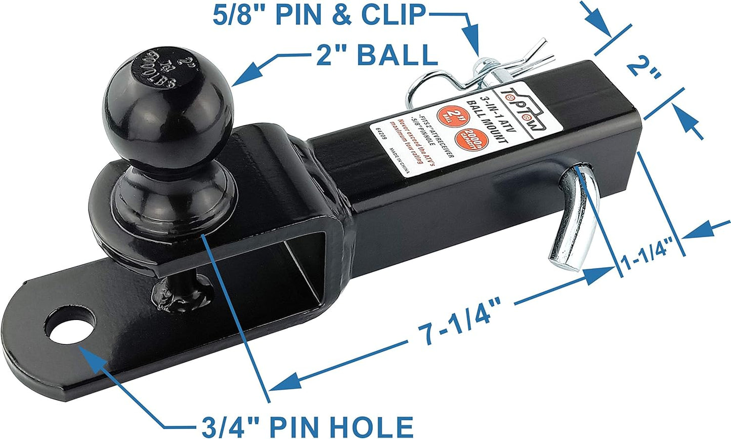 TOPTOW ATV/UTV Trailer Hitch Towing Ball Mounts, 2-Inch Ball, Clevis Pin, Fits 2-Inch Receiver