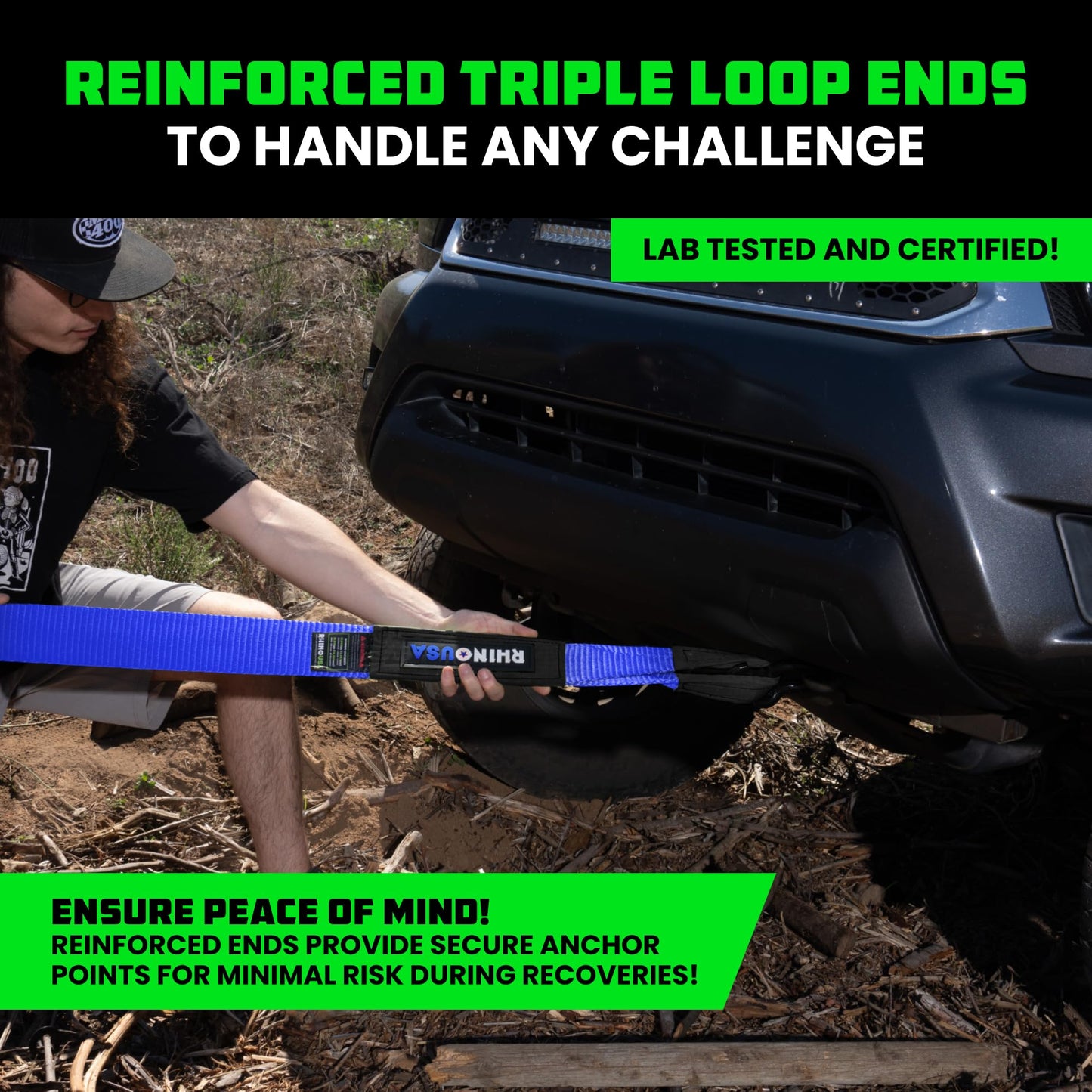 Rhino USA Recovery Tow Strap (3" x 20') - 31,518lb Break Strength - Emergency Recovery Strap Tow Rope for Truck, UTV, ATV & More - Heavy Duty Towing Strap for Offroad 4x4 Use - Compatible with Jeep