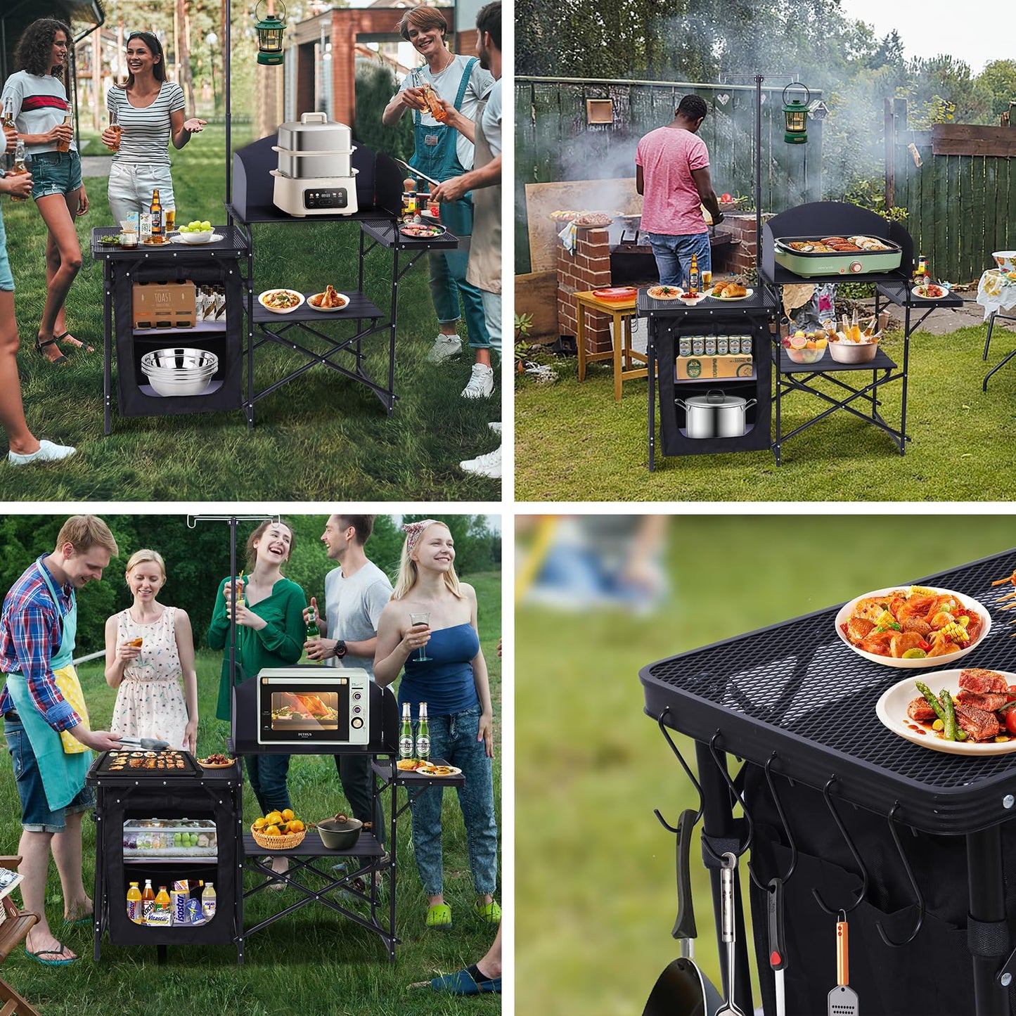 Nice C Camping Kitchen Station, Camping Table, Picnic Table, Grill Table, Folding Table, Upgrade Light Stand and Windshield Cooking Station & Organizers, Carry Bag for Beach, Picnic (Black)